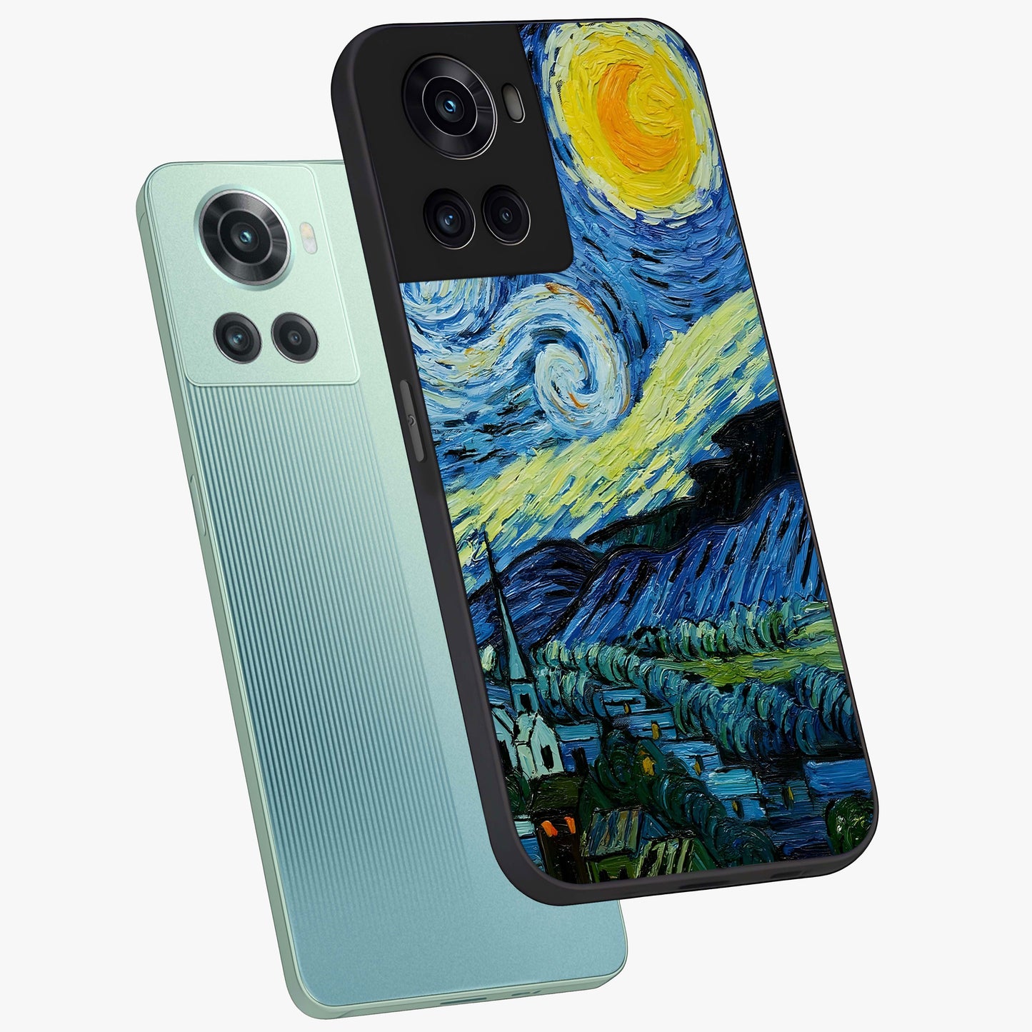 Van Gogh Art Glass Case for 1+10R angled mockup showcasing glossy finish and rich brushstroke textures