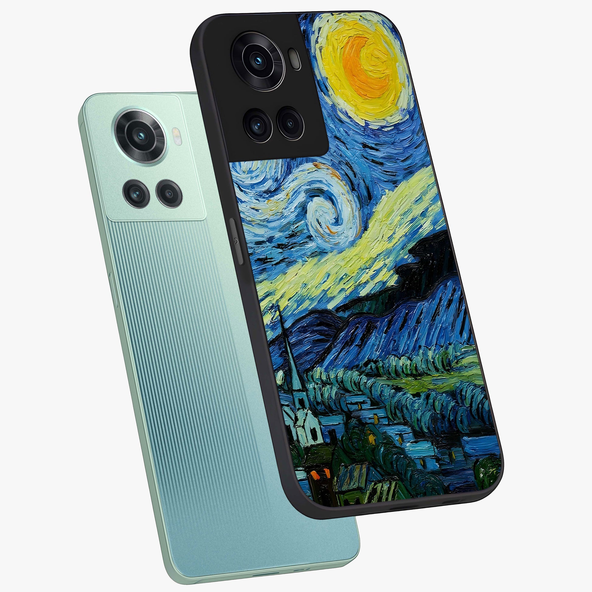 Van Gogh Art Glass Case for 1+10R angled mockup showcasing glossy finish and rich brushstroke textures