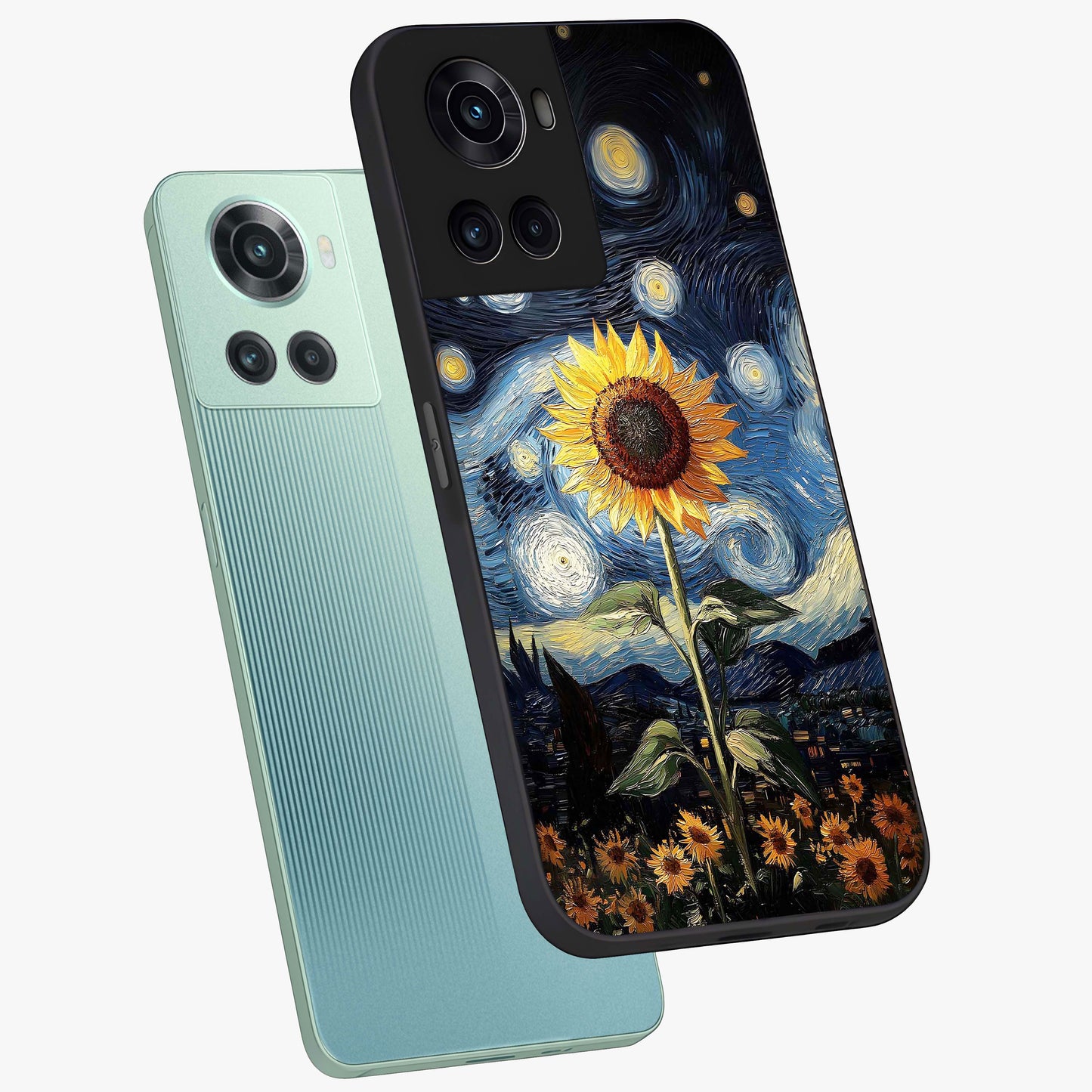 Van Gogh Sunflower Glass Case for 1+10R angled mockup showcasing glossy finish and bold yellow tones