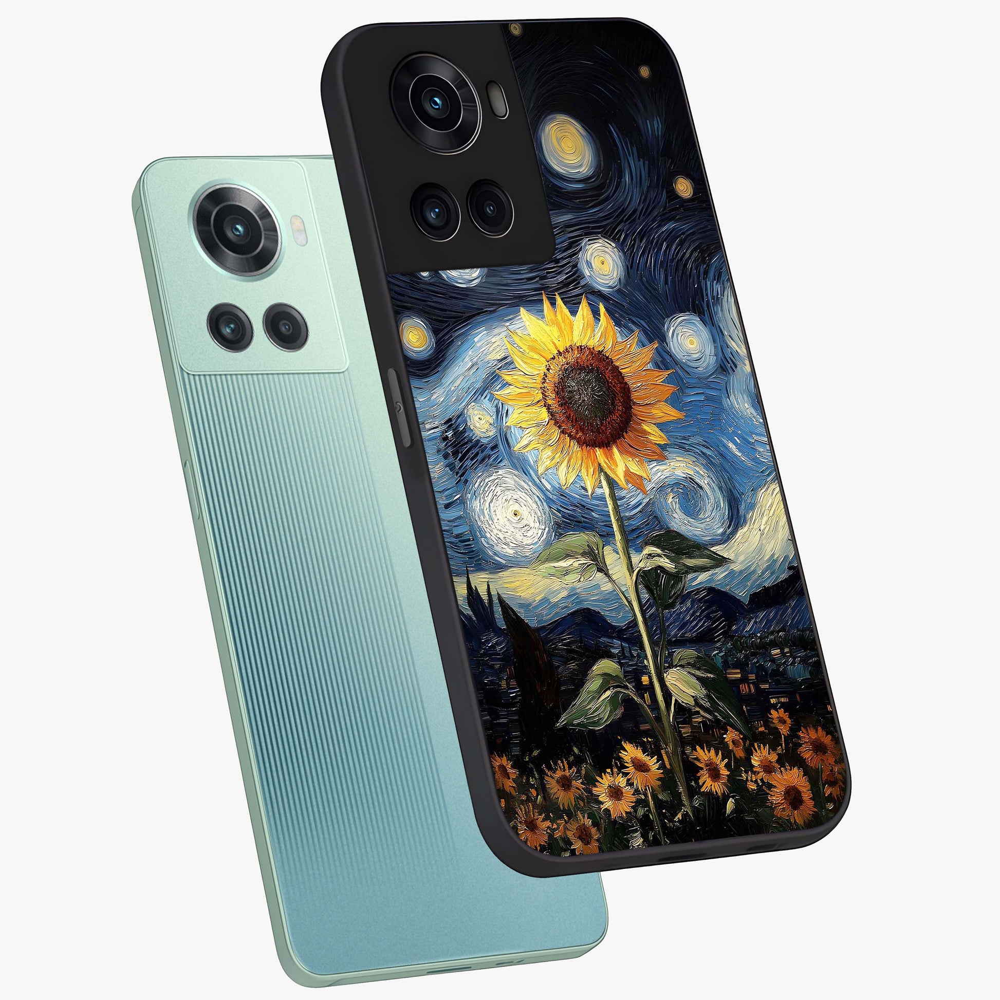 Van Gogh Sunflower Glass Case for 1+10R angled mockup showcasing glossy finish and bold yellow tones