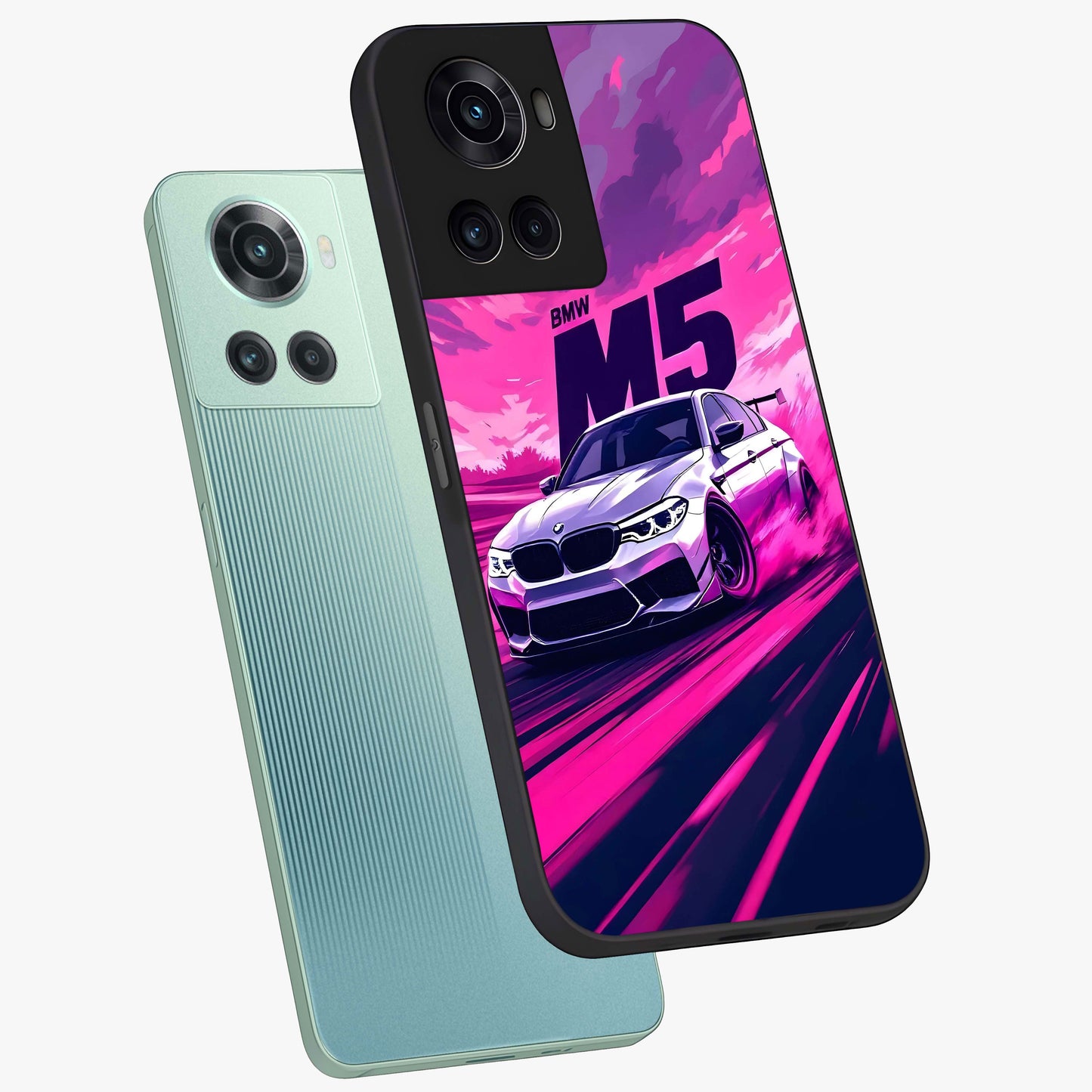 Velocity Drift Pulse Glass Case for 1+10R angled mockup showcasing glossy finish and bold speed gradients
