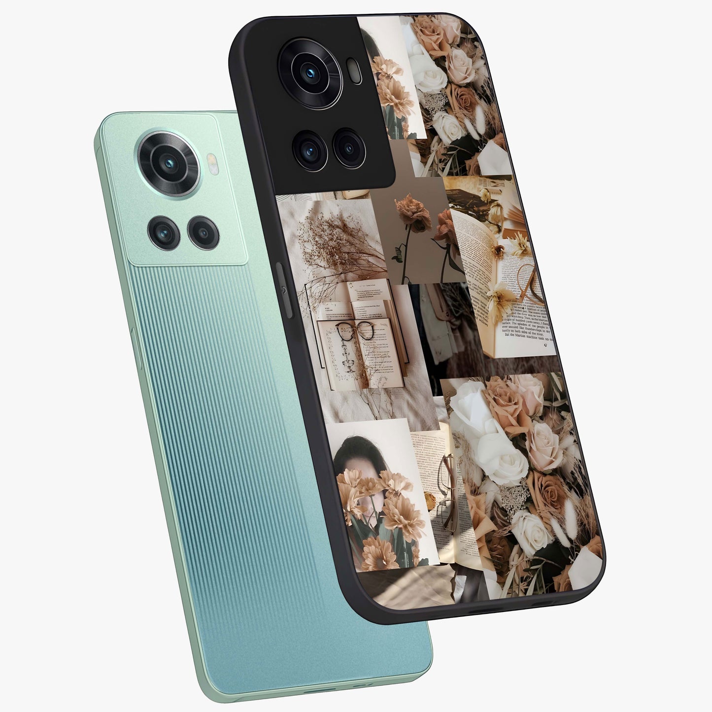 Vintage Bloom Story Glass Case for 1+10R angled mockup showcasing glossy finish and soft heritage tones