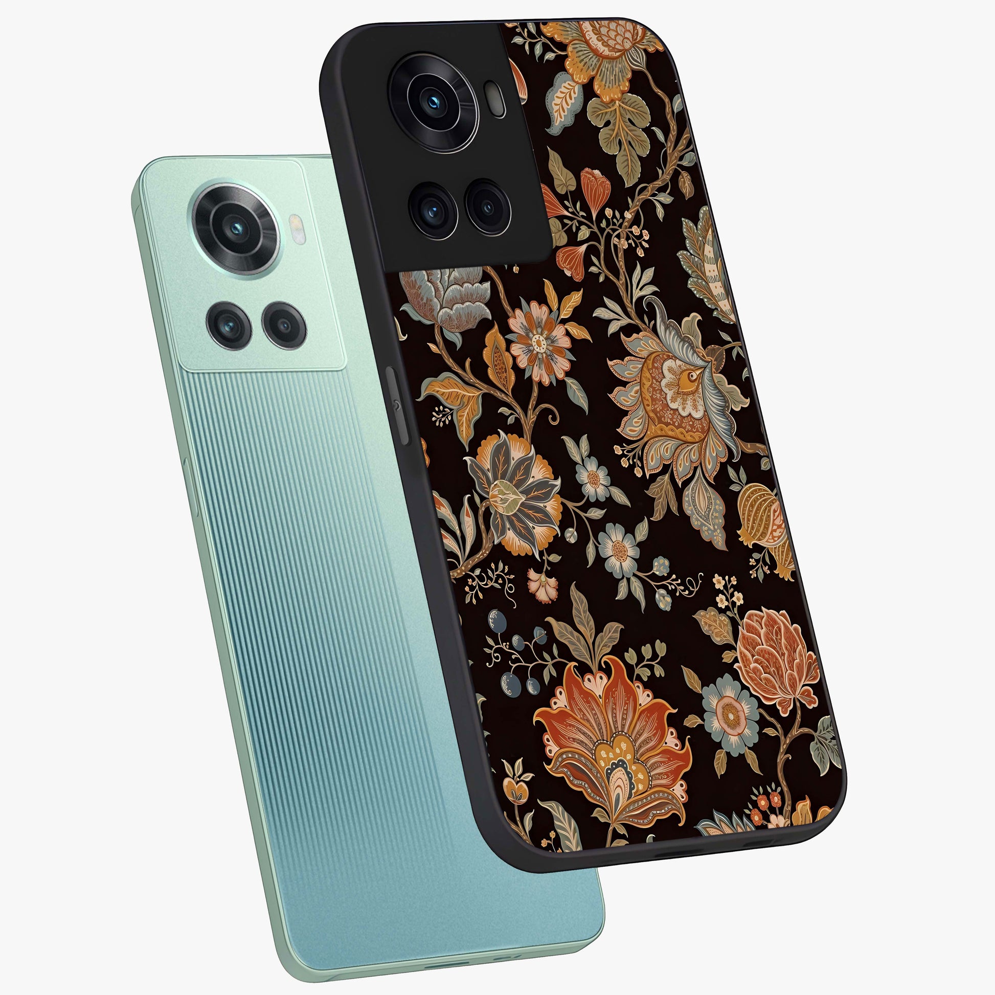 Vintage Floral Dream Glass Case for 1+10R angled mockup showcasing glossy finish and muted romantic tones