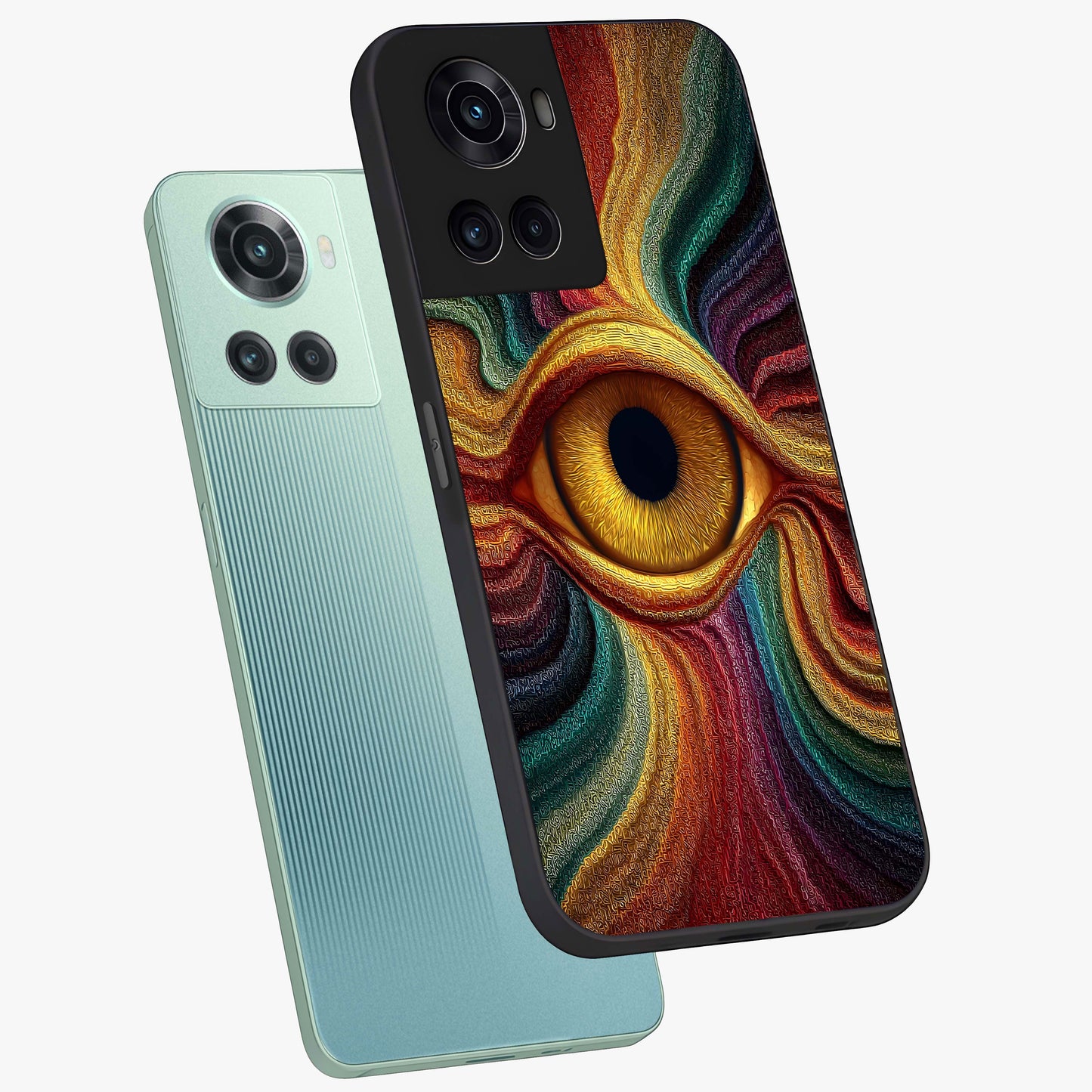 Visionary Flame Core Glass Case for 1+10R angled mockup showcasing glossy finish and bold glowing gradients