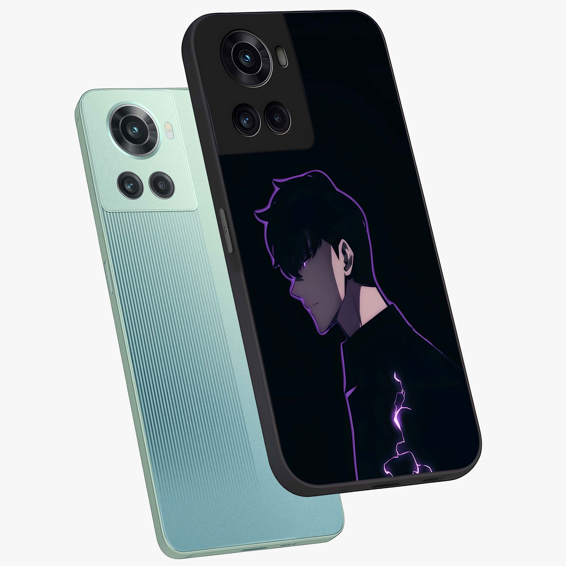 Void Lightning Phantom Glass Case for 1+10R angled mockup showcasing glossy finish and high contrast detailing