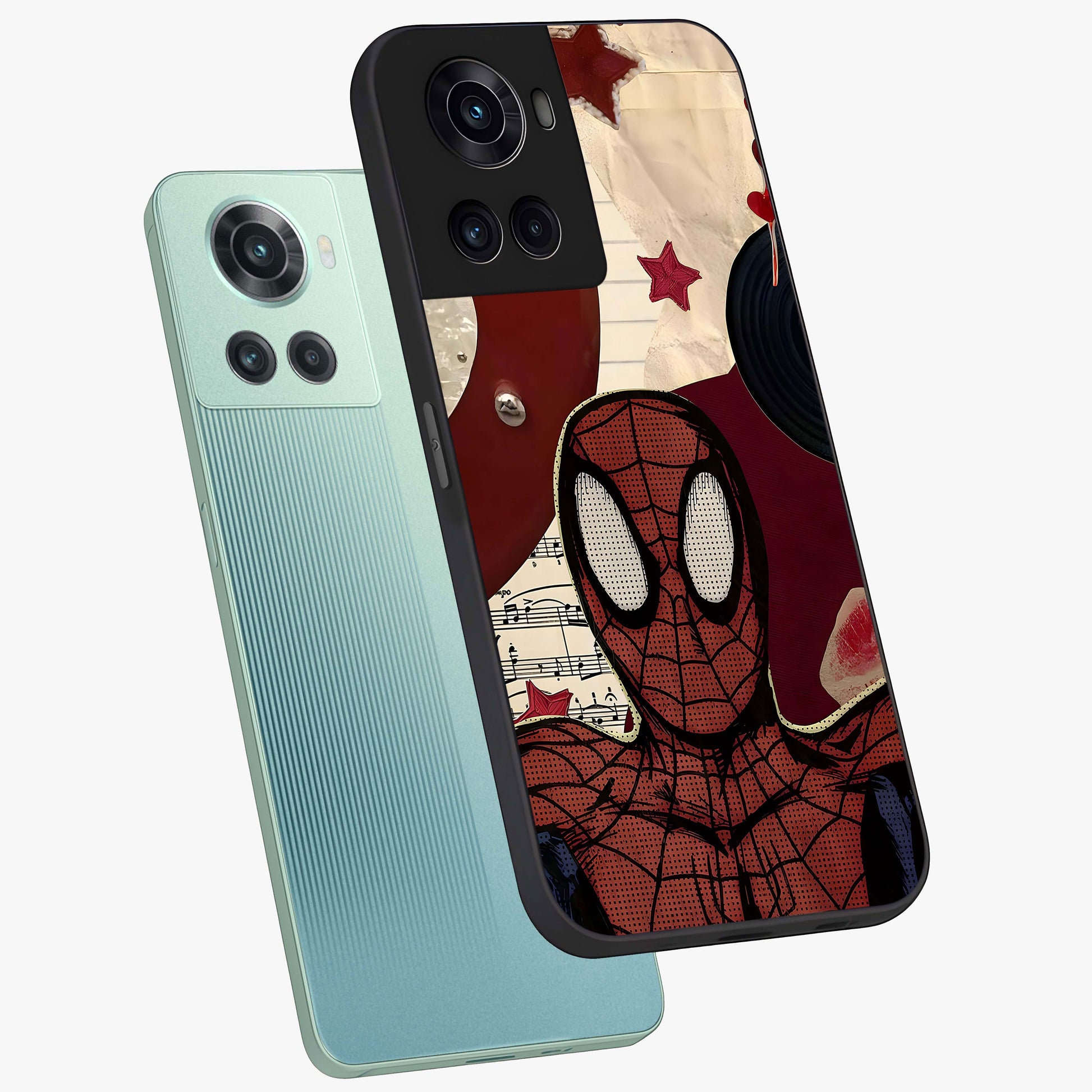 Web Warrior Vibes Glass Case for 1+10R angled mockup showcasing glossy finish and bold comic style detailing
