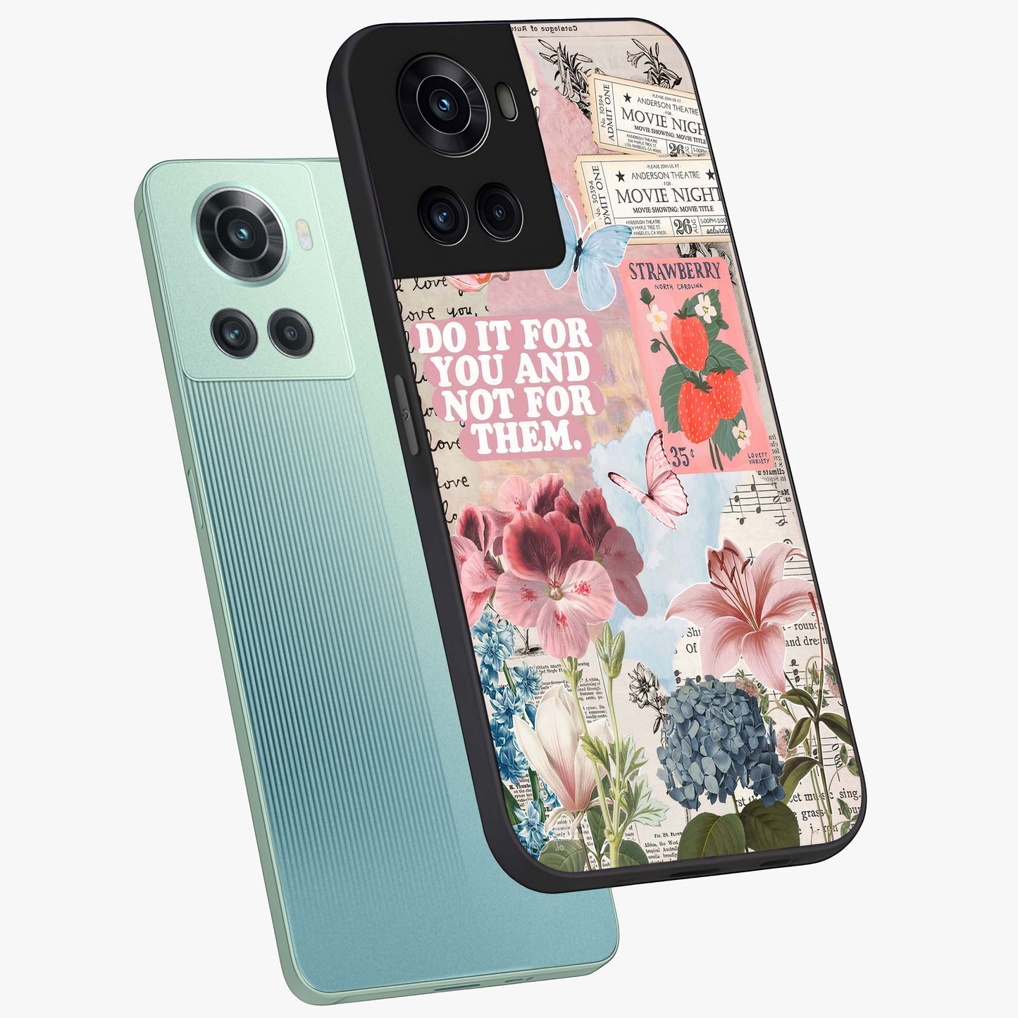 Whimsical Vintage Aesthetic Glass Case for 1+10R angled mockup showcasing glossy glass finish and soft nostalgic tones