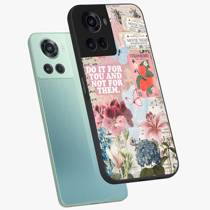Whimsical Vintage Aesthetic Glass Case for 1+10R angled mockup showcasing glossy glass finish and soft nostalgic tones
