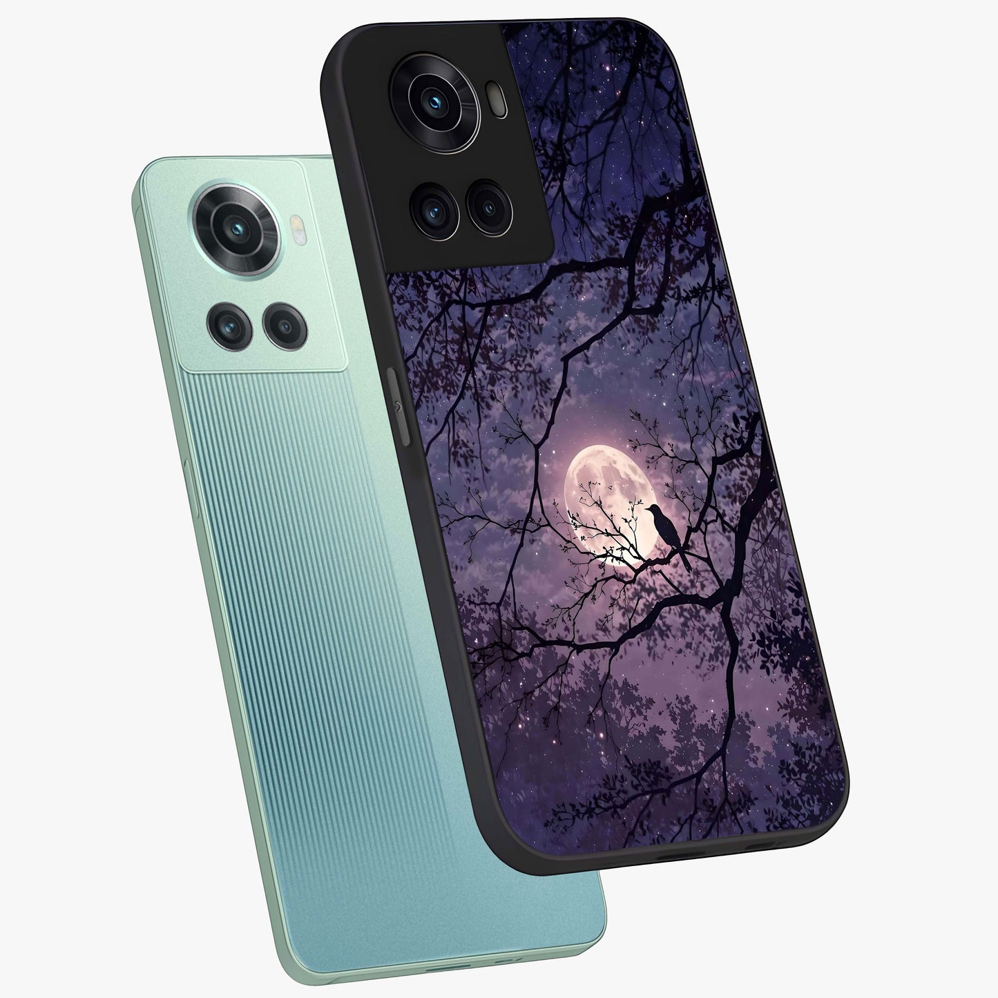 Whispering Moon Silence Glass Case for 1+10R angled mockup showcasing glossy finish and subtle celestial detailing