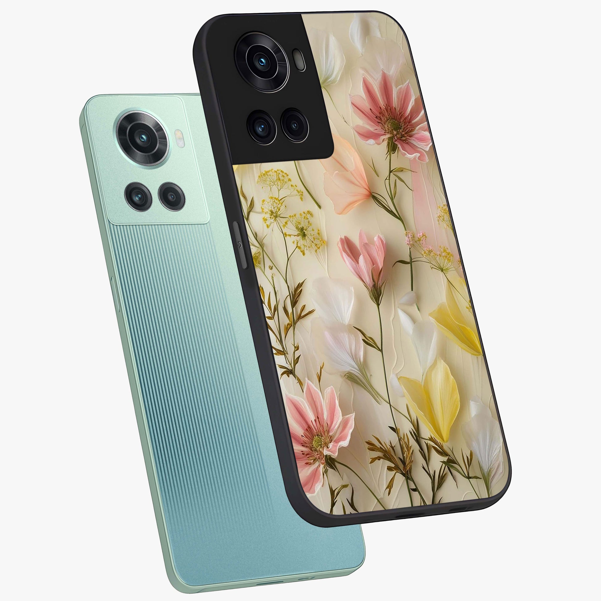 Whispering Petal Harmony Glass Case for 1+10R angled mockup showcasing glossy finish and delicate bloom detailing