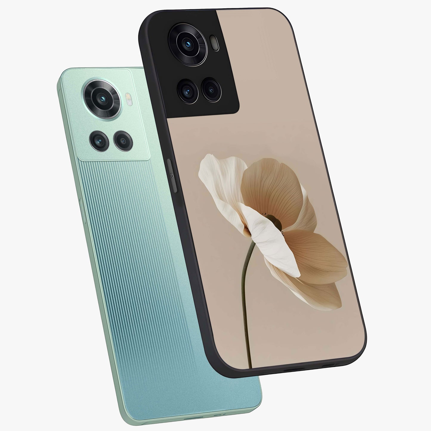 Whispering Petals Glass Case for 1+10R angled mockup showcasing glossy finish and muted romantic tones