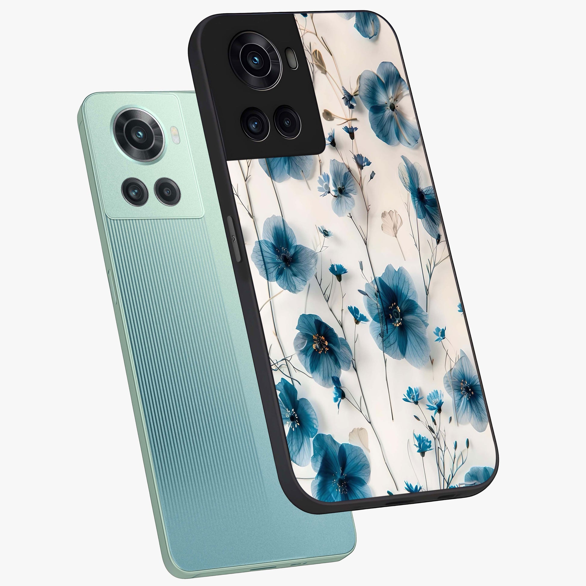 Whispers of Blue Bloom Glass Case for 1+10R angled mockup showcasing glossy finish and cool sapphire tones
