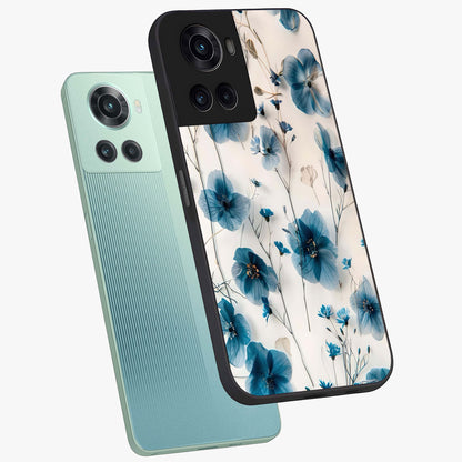 Whispers of Blue Bloom Glass Case for 1+10R angled mockup showcasing glossy finish and cool sapphire tones