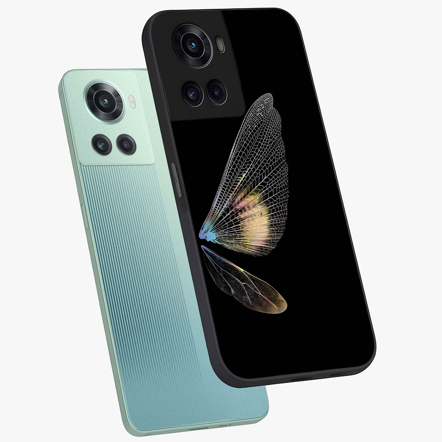 Whispers of Wings Glass Case for 1+10R angled mockup showcasing glossy finish and soft gradient detailing