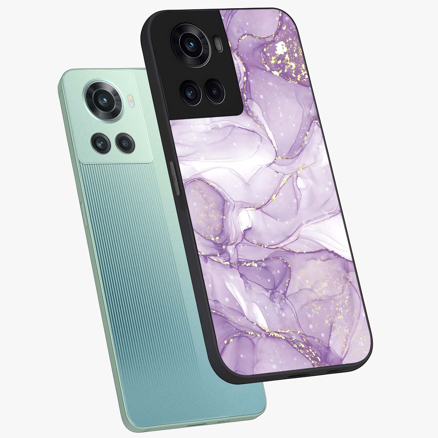 White and Purple Marble Glass Case for 1+10R angled mockup showcasing glossy finish and refined stone detailing