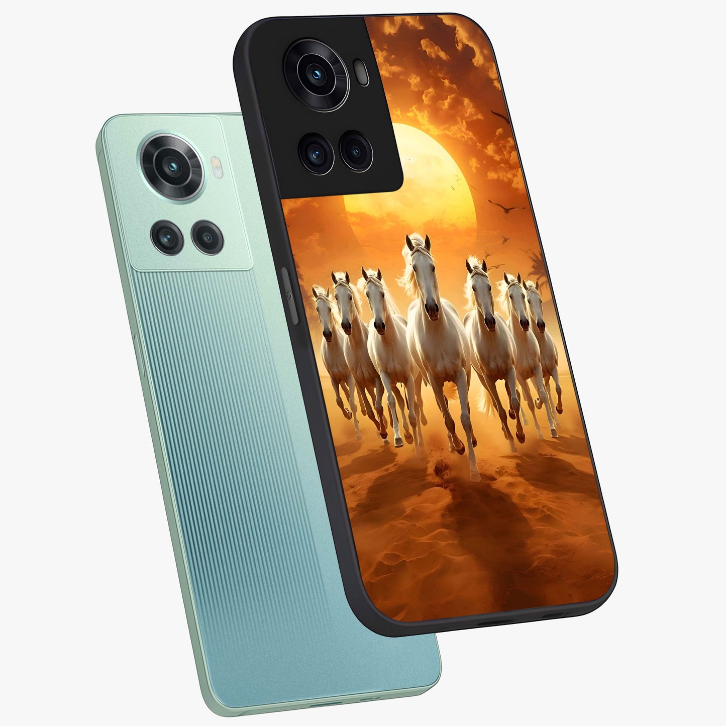 Wild Sunset Majesty Glass Case for 1+10R angled mockup showcasing glossy finish and warm fiery gradients