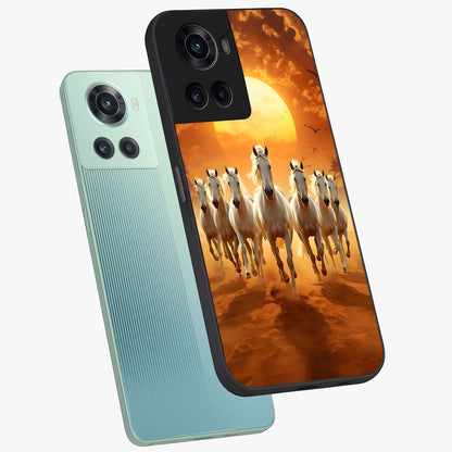 Wild Sunset Majesty Glass Case for 1+10R angled mockup showcasing glossy finish and warm fiery gradients
