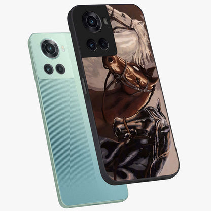 Wild Trio Gallop Glass Case for 1+10R angled mockup showcasing glossy glass finish and bold equestrian detailing