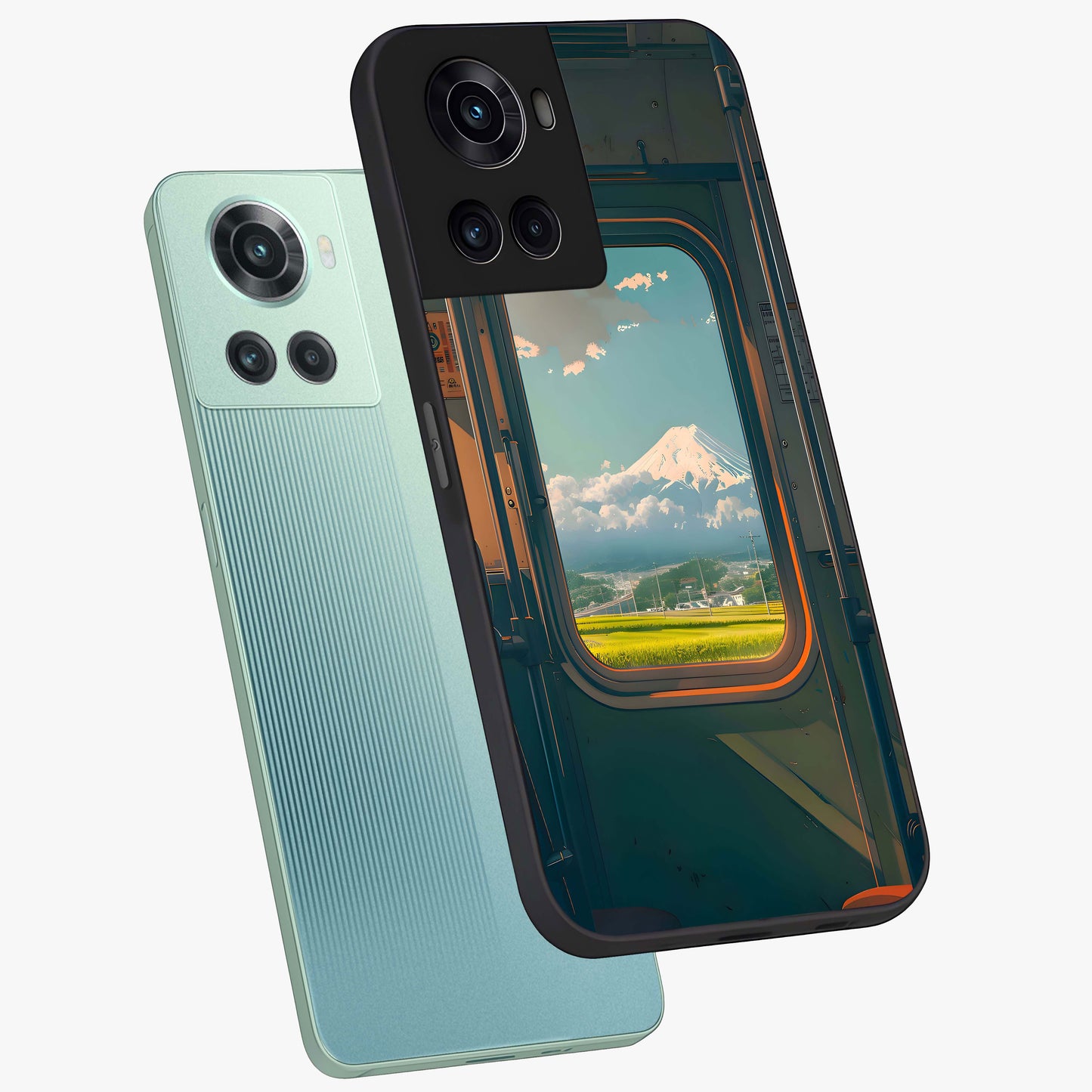 Window to Fuji Glass Case for 1+10R angled mockup showcasing glossy finish and serene landscape tones