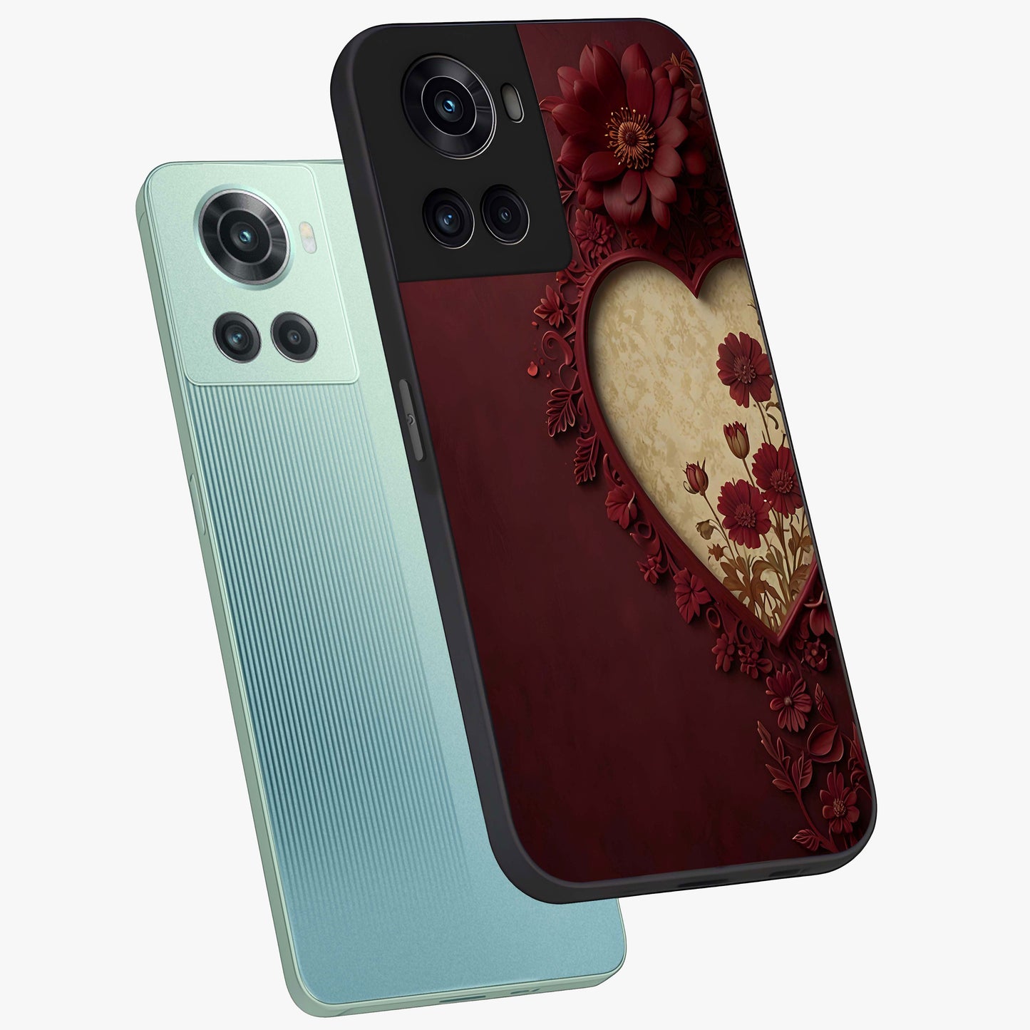 Wine Heart Vintage Art Glass Case for 1+10R angled mockup showcasing glossy finish and rich burgundy tones
