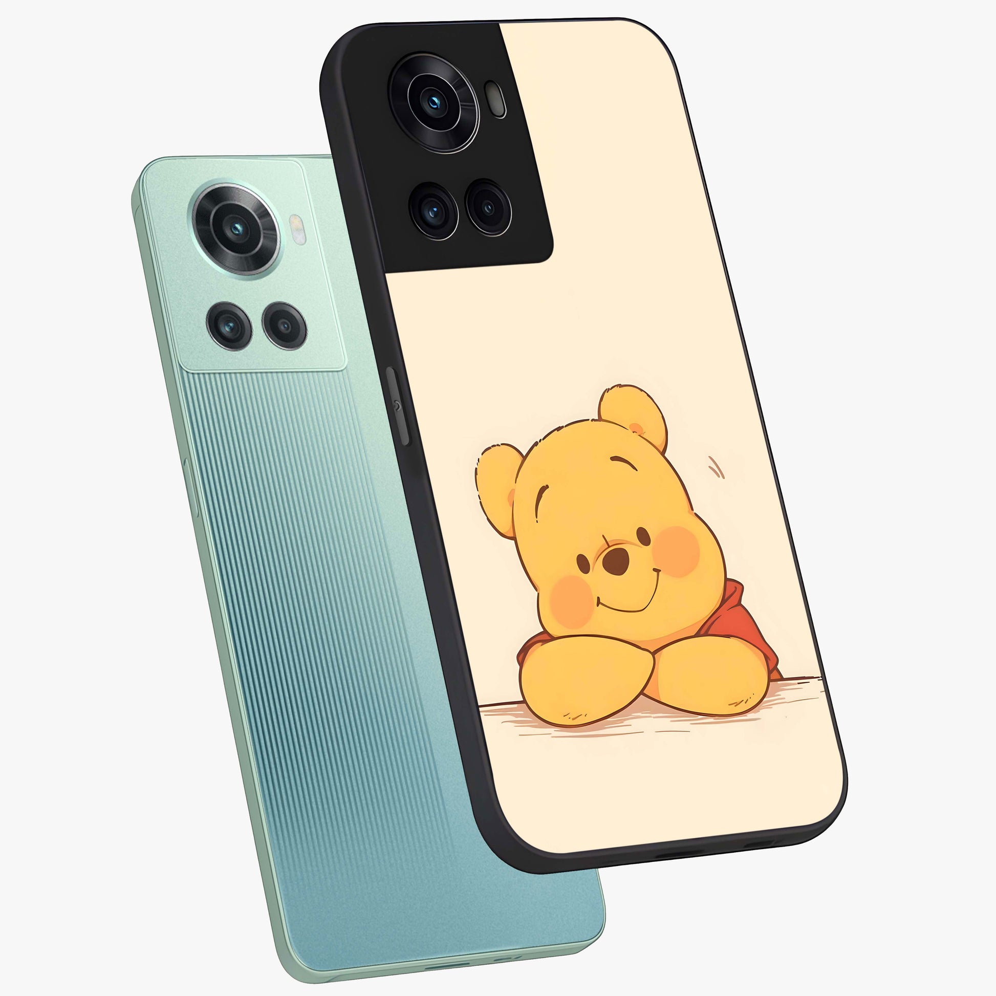 Winniethe Pooh Glass Case for 1+10R angled mockup showcasing glossy finish and soft playful tones