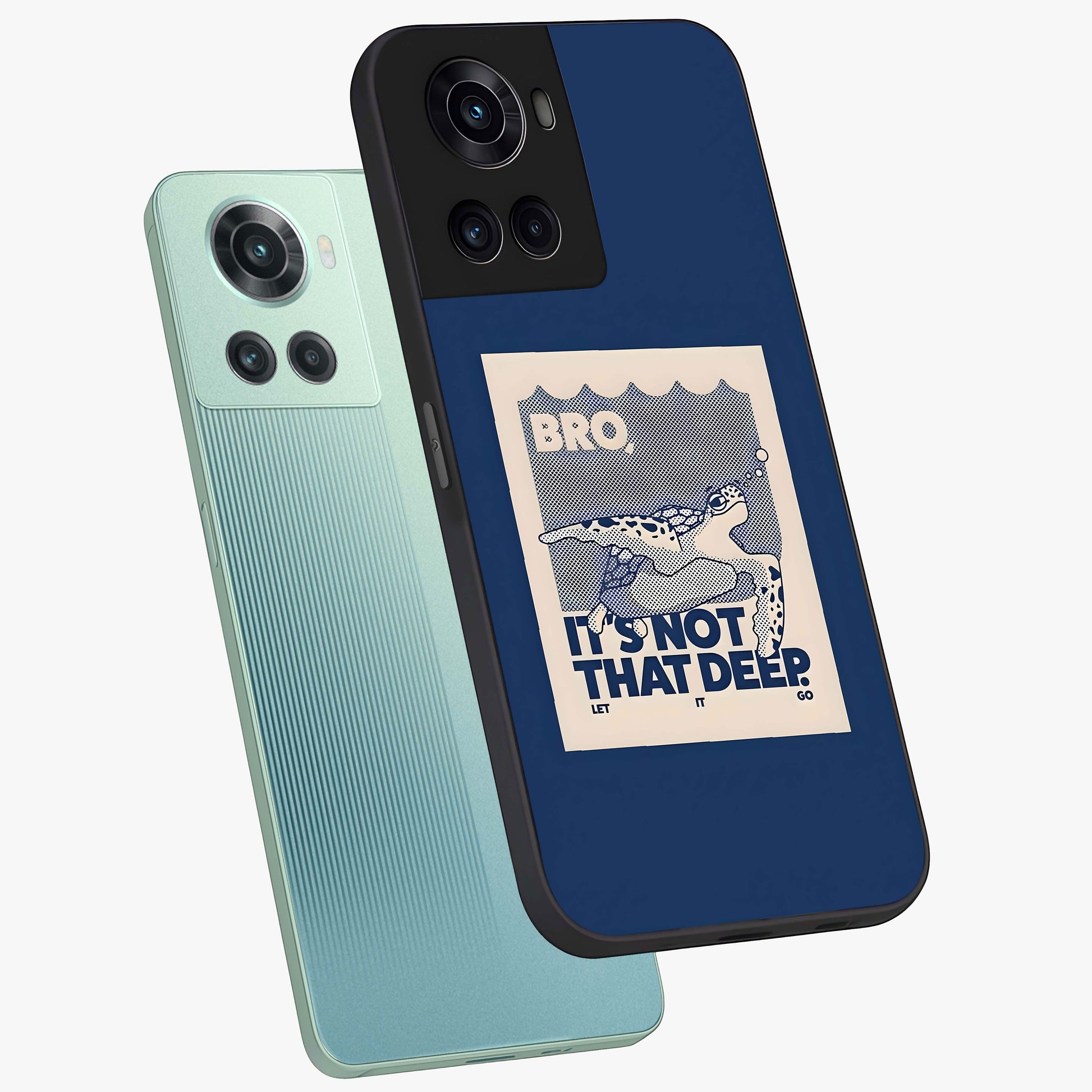 Worry Less Swim Glass Case for 1+10R angled mockup showcasing glossy finish and fresh ocean tones