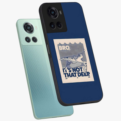 Worry Less Swim Glass Case for 1+10R angled mockup showcasing glossy finish and fresh ocean tones
