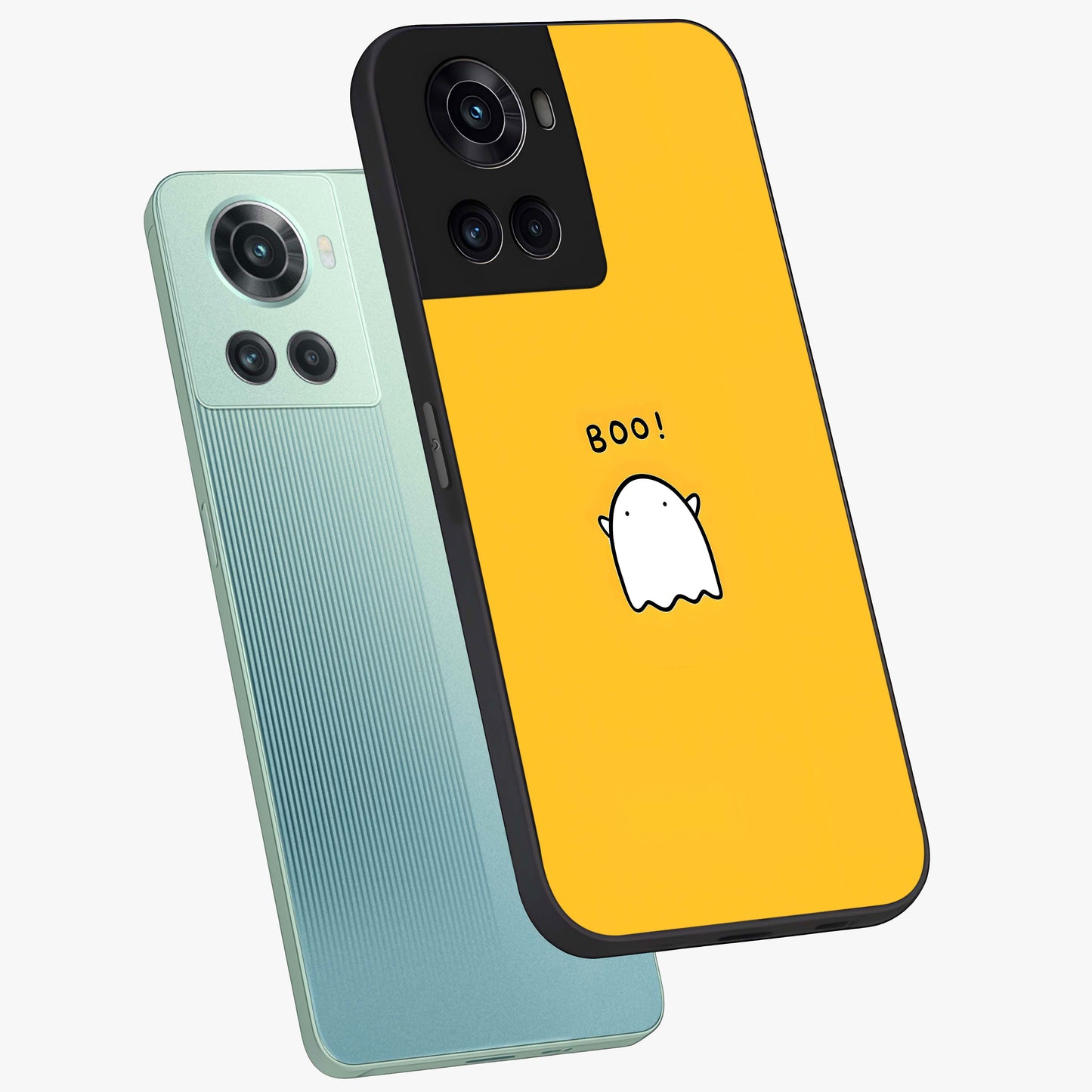 Yellow Boo Ghost Glass Case for 1+10R angled mockup showcasing glossy finish and fun animated detailing