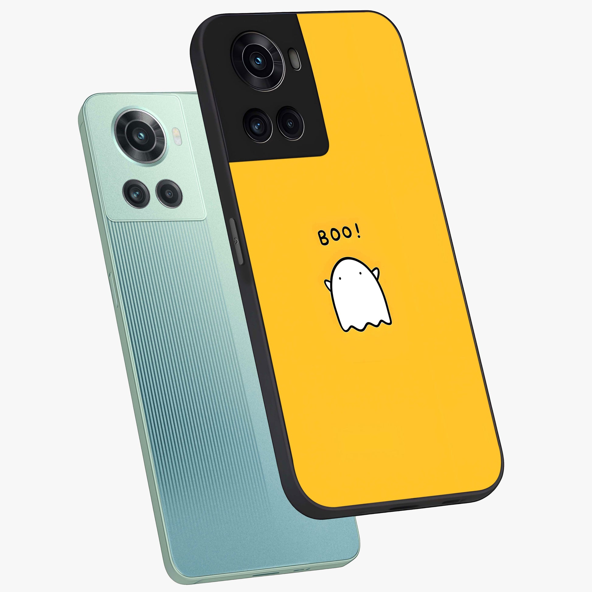 Yellow Boo Ghost Glass Case for 1+10R angled mockup showcasing glossy finish and fun animated detailing