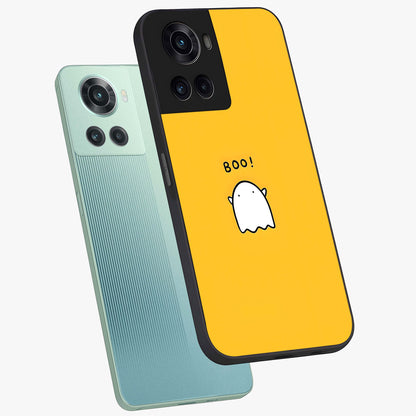 Yellow Boo Ghost Glass Case for 1+10R angled mockup showcasing glossy finish and fun animated detailing