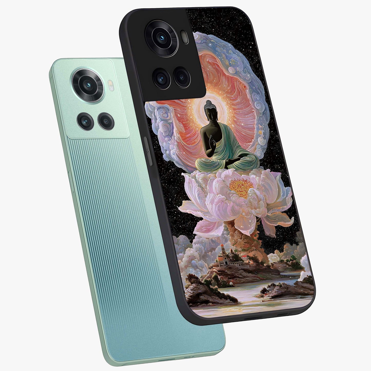 Zen Lotus Realm Glass Case for 1+10R angled mockup showcasing glossy finish and serene gradient detailing