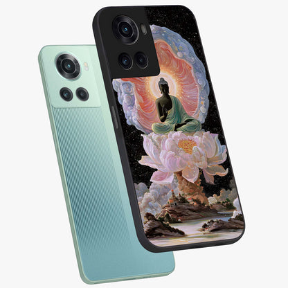 Zen Lotus Realm Glass Case for 1+10R angled mockup showcasing glossy finish and serene gradient detailing