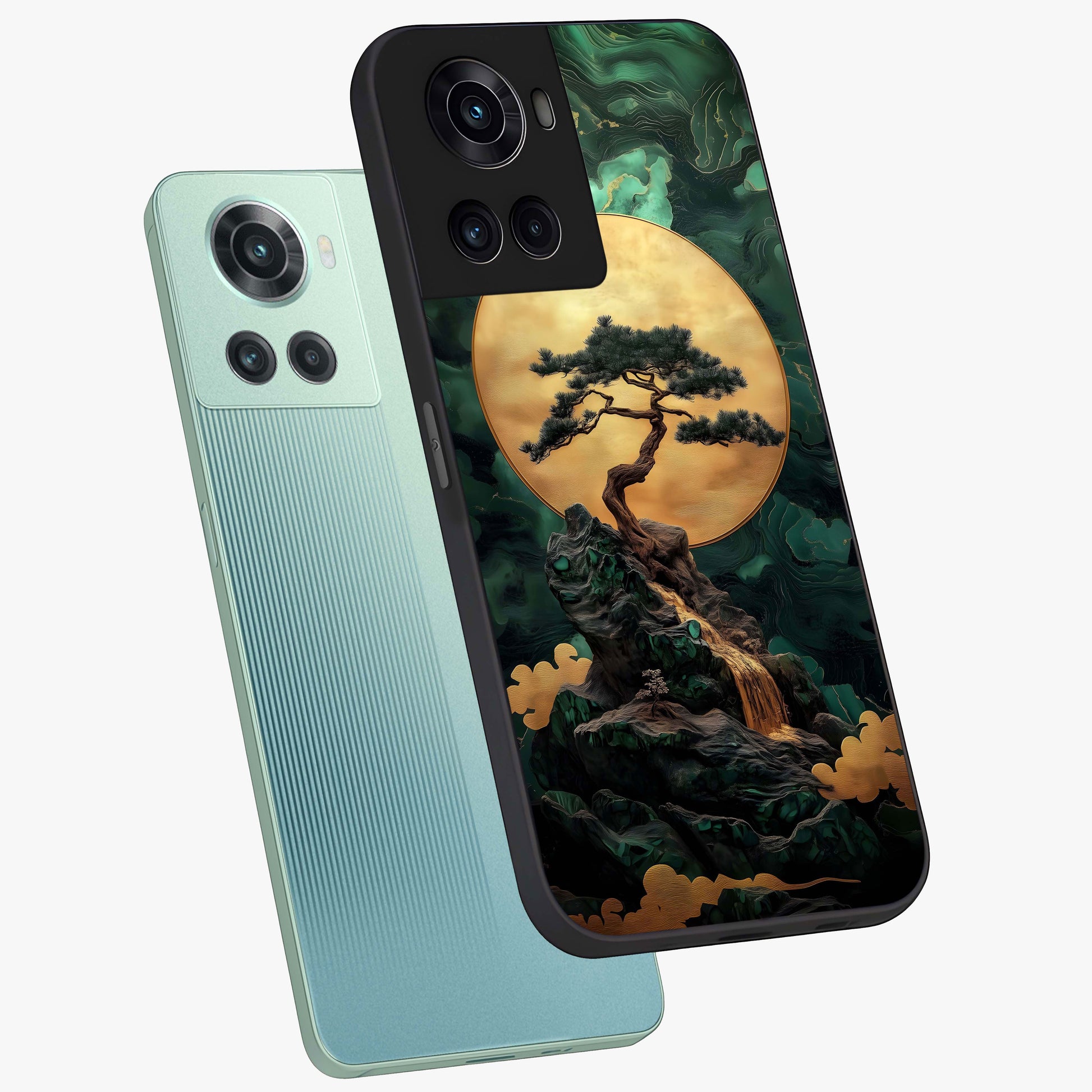 Zen Moon Rise Glass Case for 1+10R angled mockup showcasing glossy finish and soft night sky tones