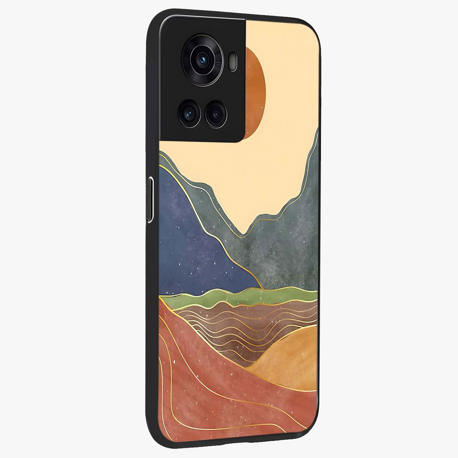 Abstract Mountain Glow Glass Case for 1+10R side perspective highlighting luminous mountain design details