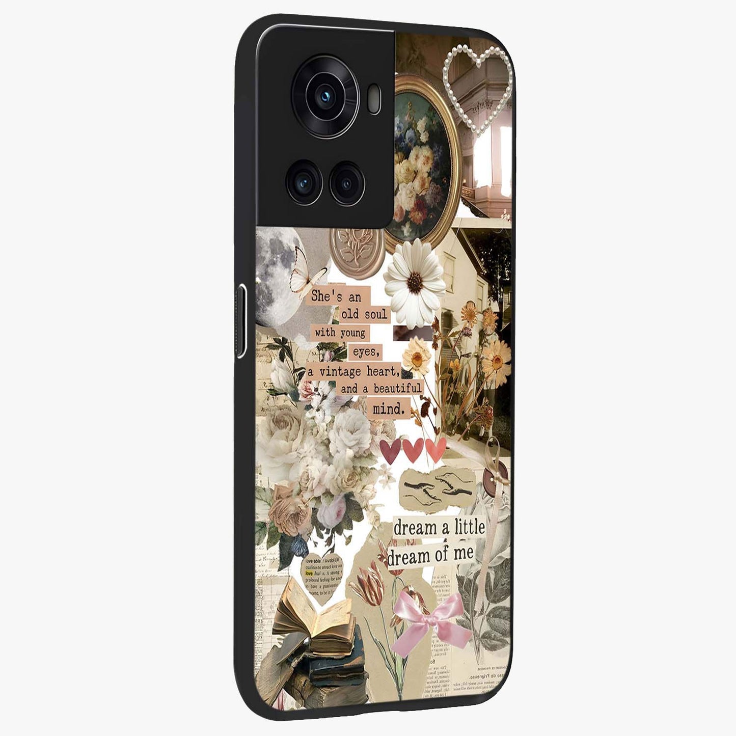 Aesthetic Brown Vintage Collage Glass Case for 1+10R side perspective highlighting detailed aesthetic collage elements