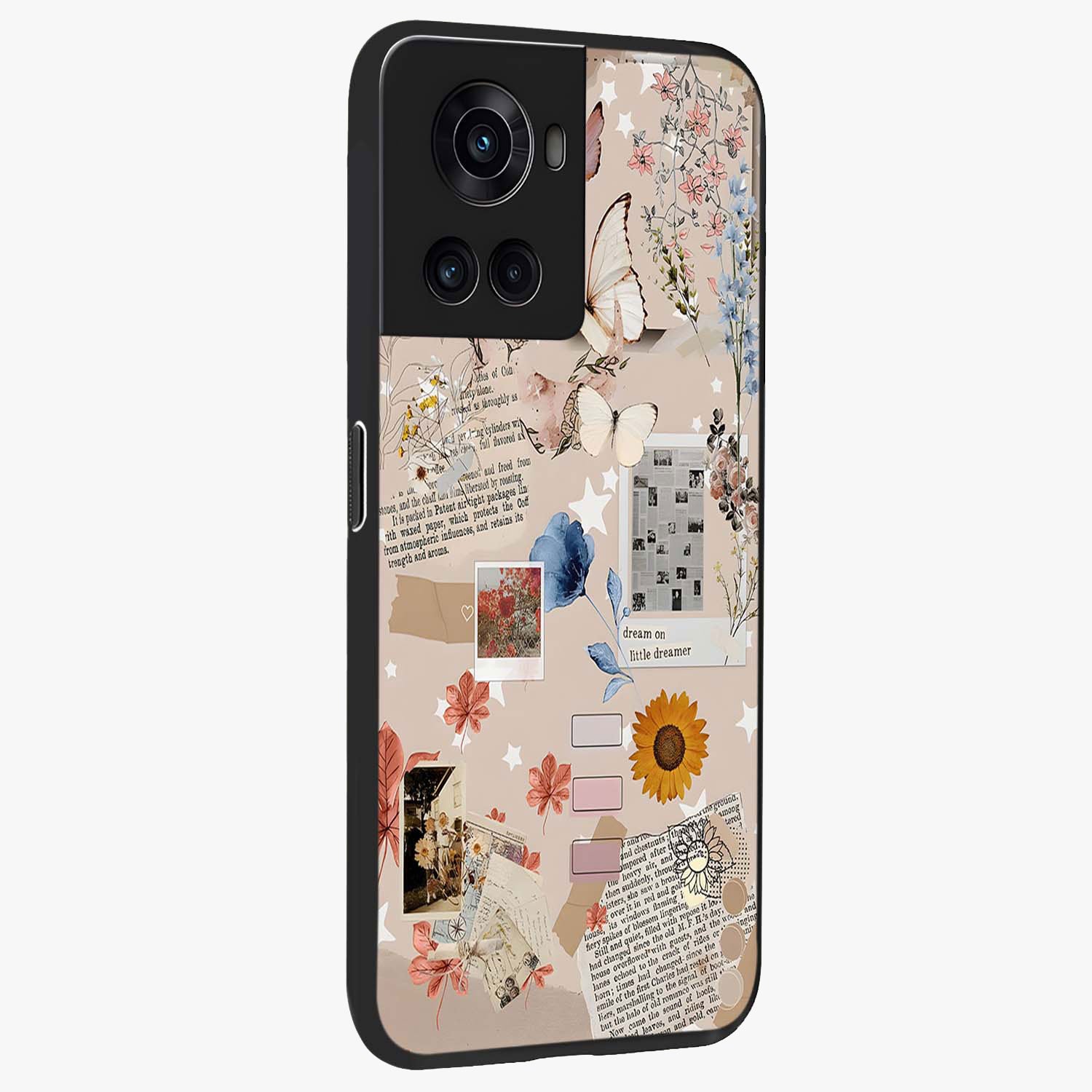 Aesthetic Butterfly Glass Case for 1+10R side perspective highlighting premium edges and butterfly illustration