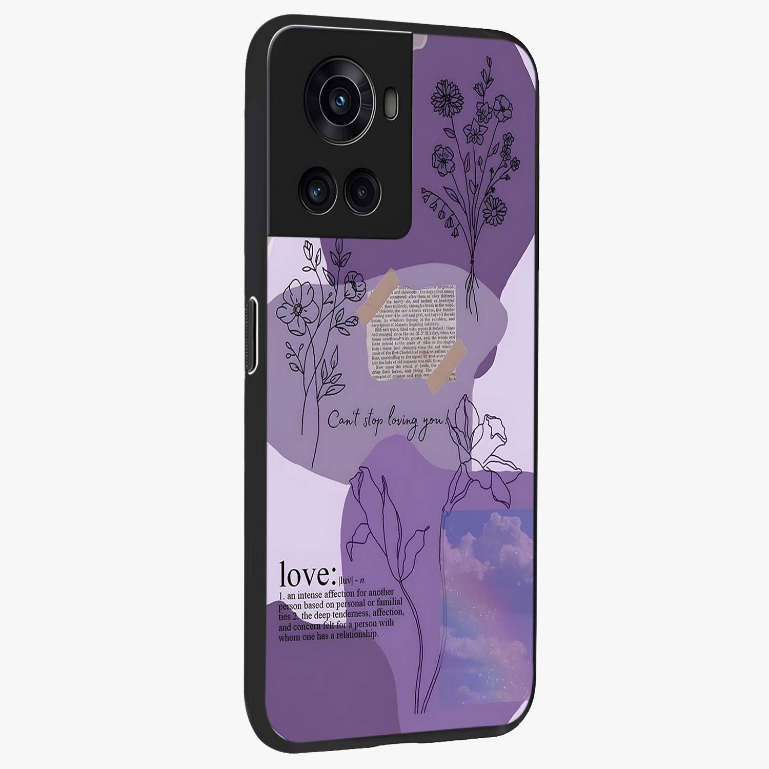 Aesthetic Love With Flower Glass Case for 1+10R side perspective highlighting delicate flower illustration details