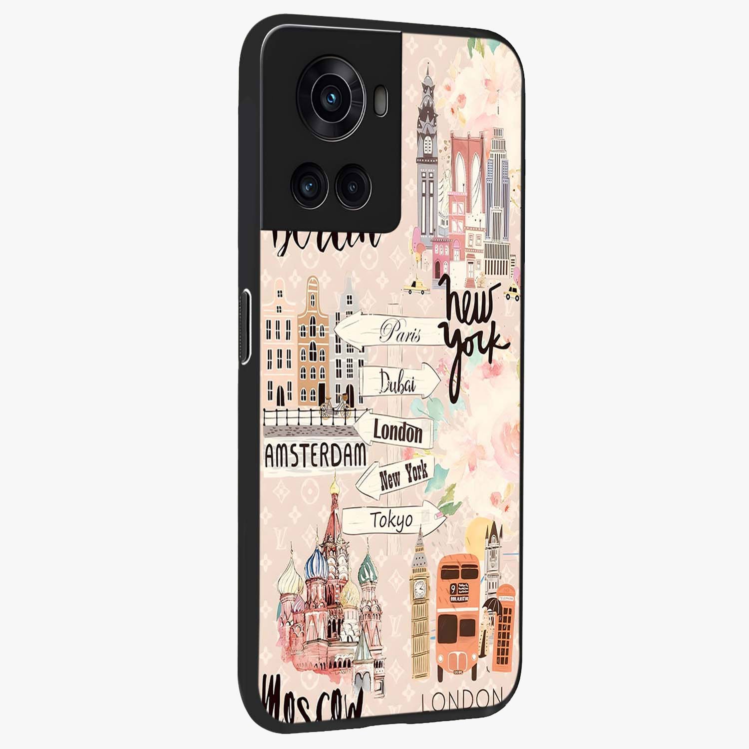 Aesthetic Travel Glass Case for 1+10R side perspective highlighting bold travel graphic details