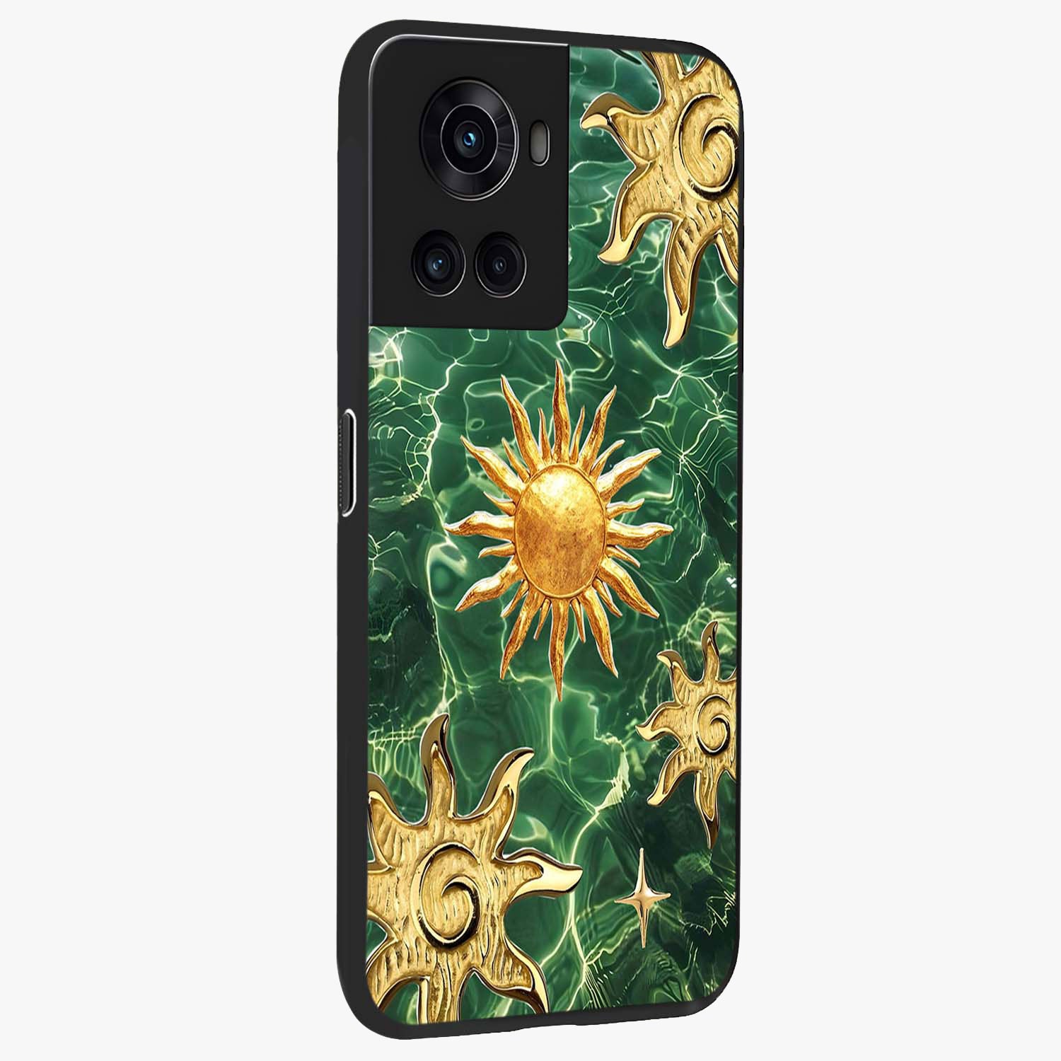 Aqua Sun Mirage Glass Case for 1+10R side perspective highlighting bold mirage style design details