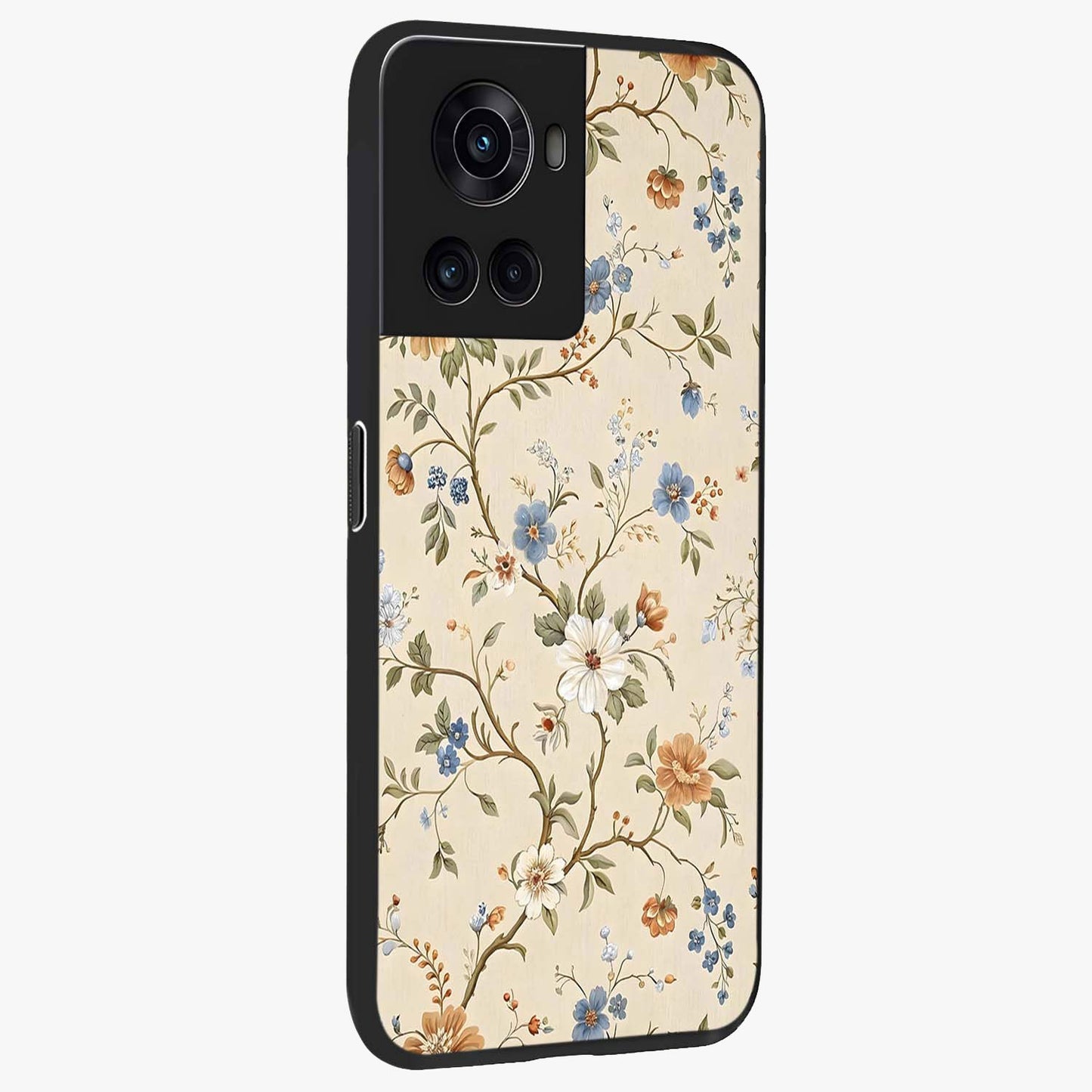 Beige Vintage Flower Glass Case for 1+10R side perspective highlighting subtle tones and premium floral detailing