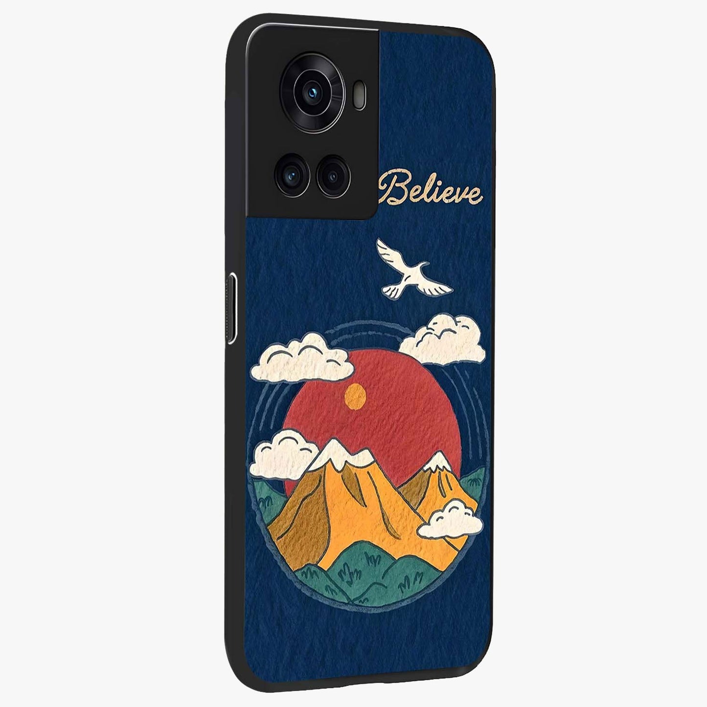 Believe Sky Escape Glass Case for 1+10R side perspective highlighting motivational typography and smooth edges