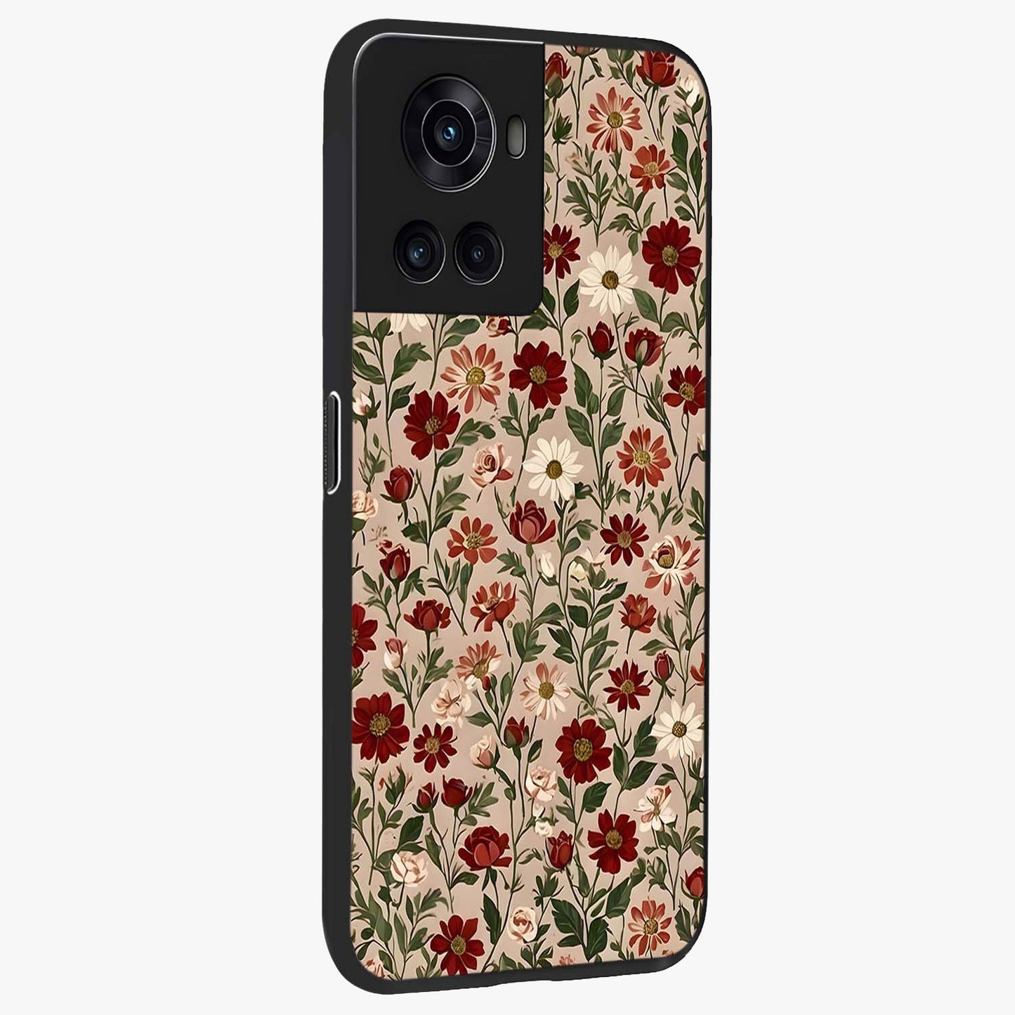 Biege Flower With Leaf Glass Case for 1+10R side perspective highlighting subtle tones and elegant flower texture