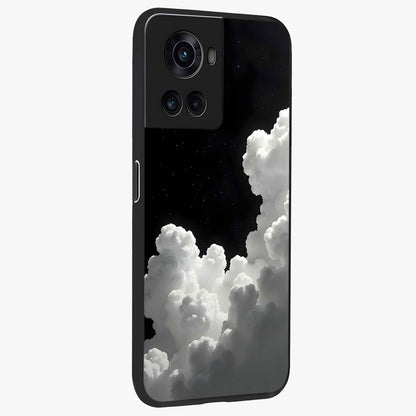 Black Background With White Cloud Glass Case for 1+10R side perspective highlighting smooth edges and minimalist sky theme
