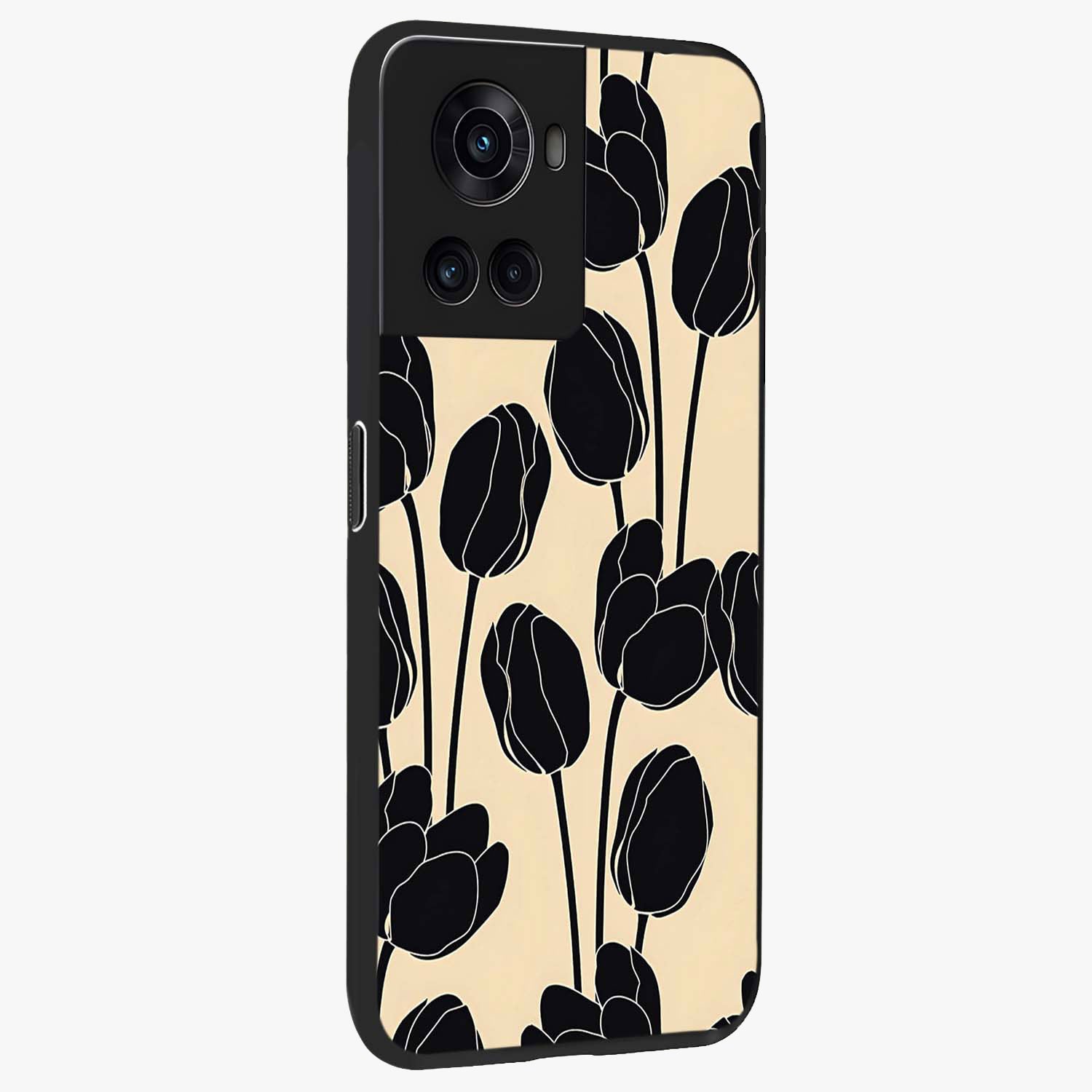 Black Designer Tulip Glass Case for 1+10R side perspective highlighting bold contrast and stylish tulip illustration