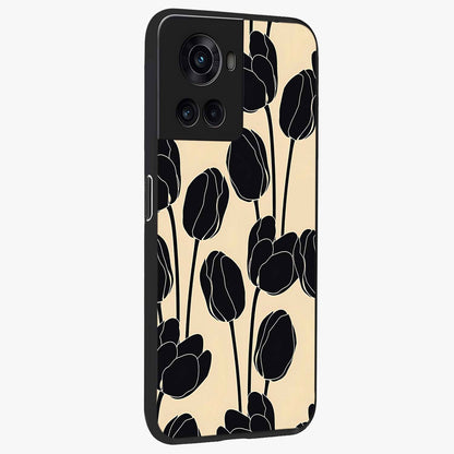 Black Designer Tulip Glass Case for 1+10R side perspective highlighting bold contrast and stylish tulip illustration