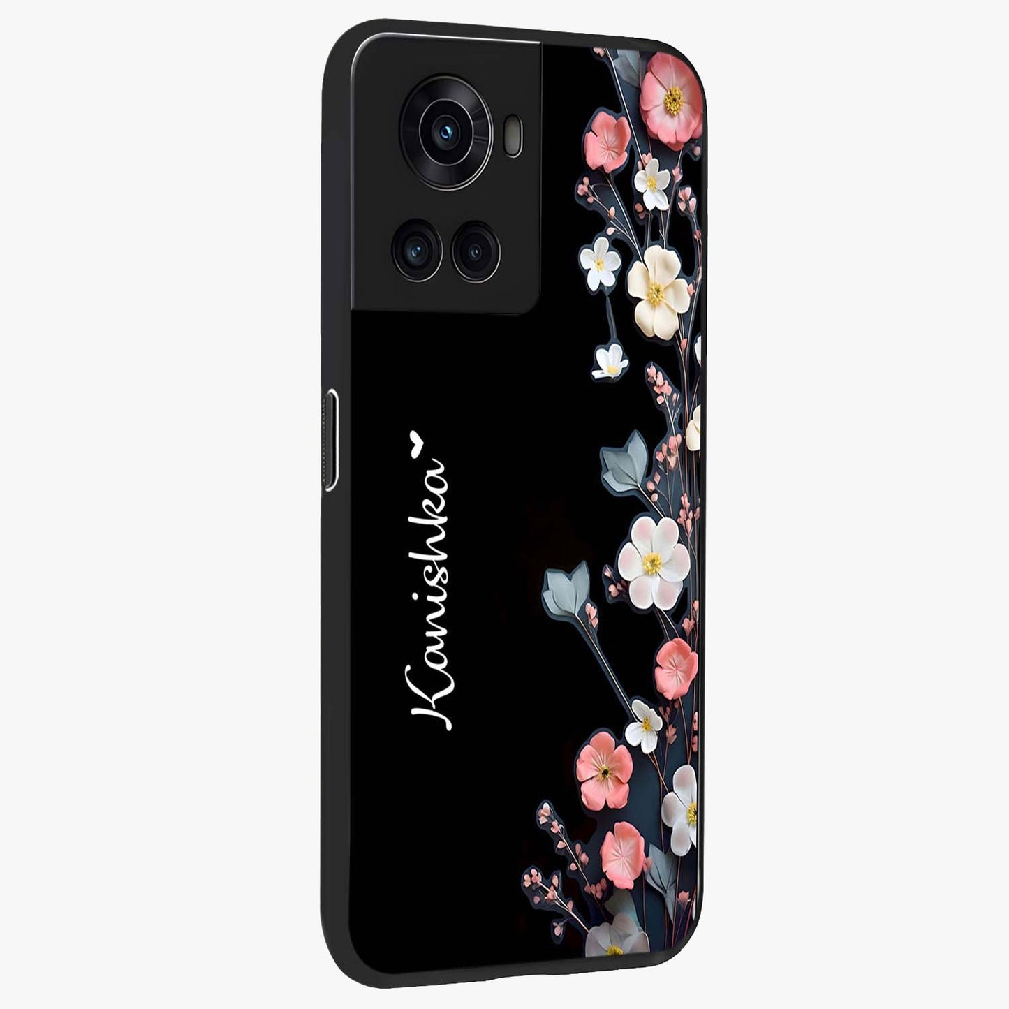 Black Elegance Floral Custom Name Glass Case for 1+10R side perspective highlighting elegant floral detailing and premium edges