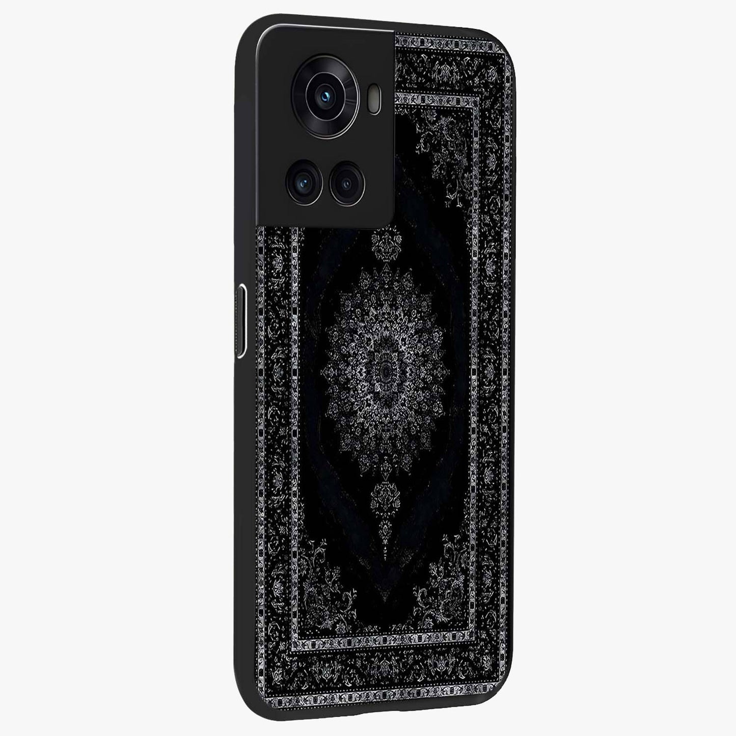 Black Persian Carpet Glass Case for 1+10R side perspective highlighting classic pattern textures and premium build