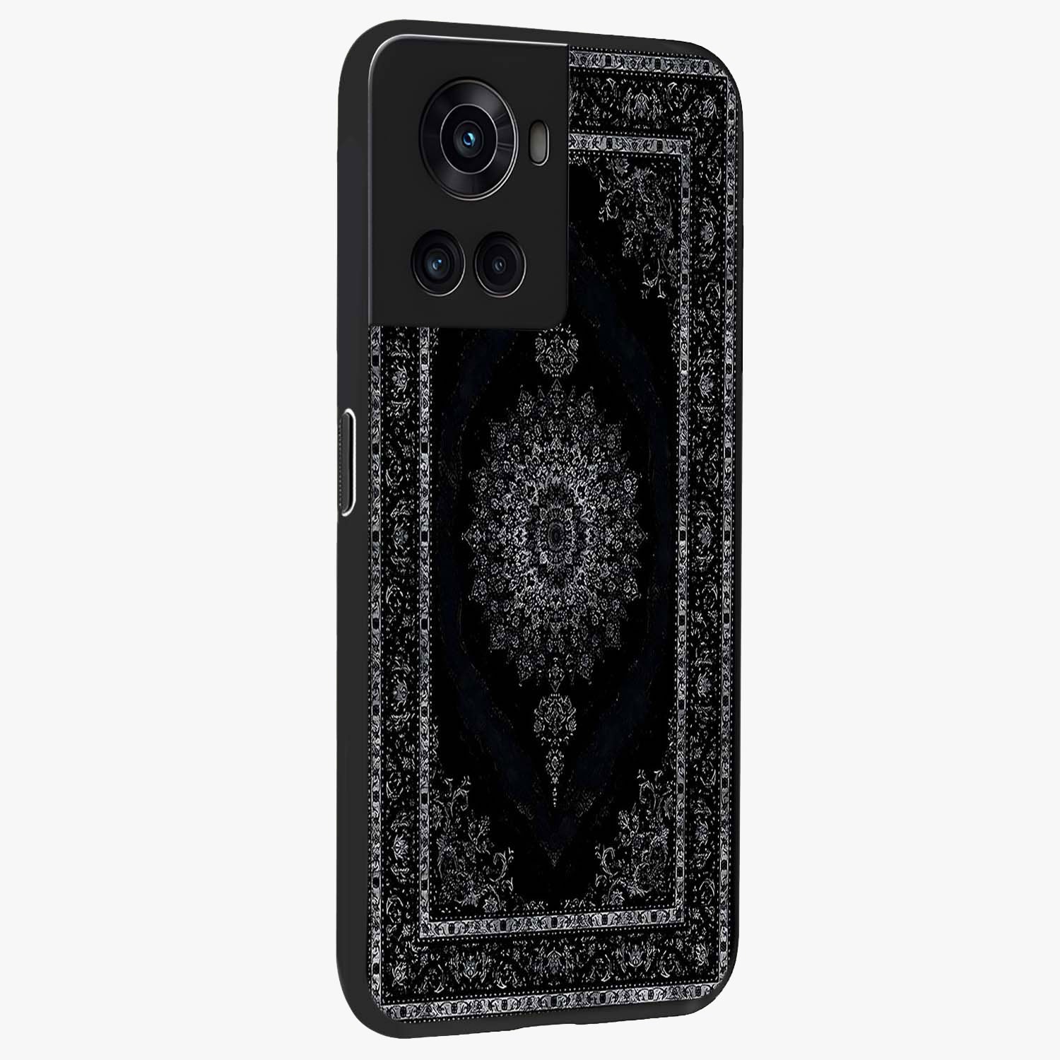 Black Persian Carpet Glass Case for 1+10R side perspective highlighting classic pattern textures and premium build