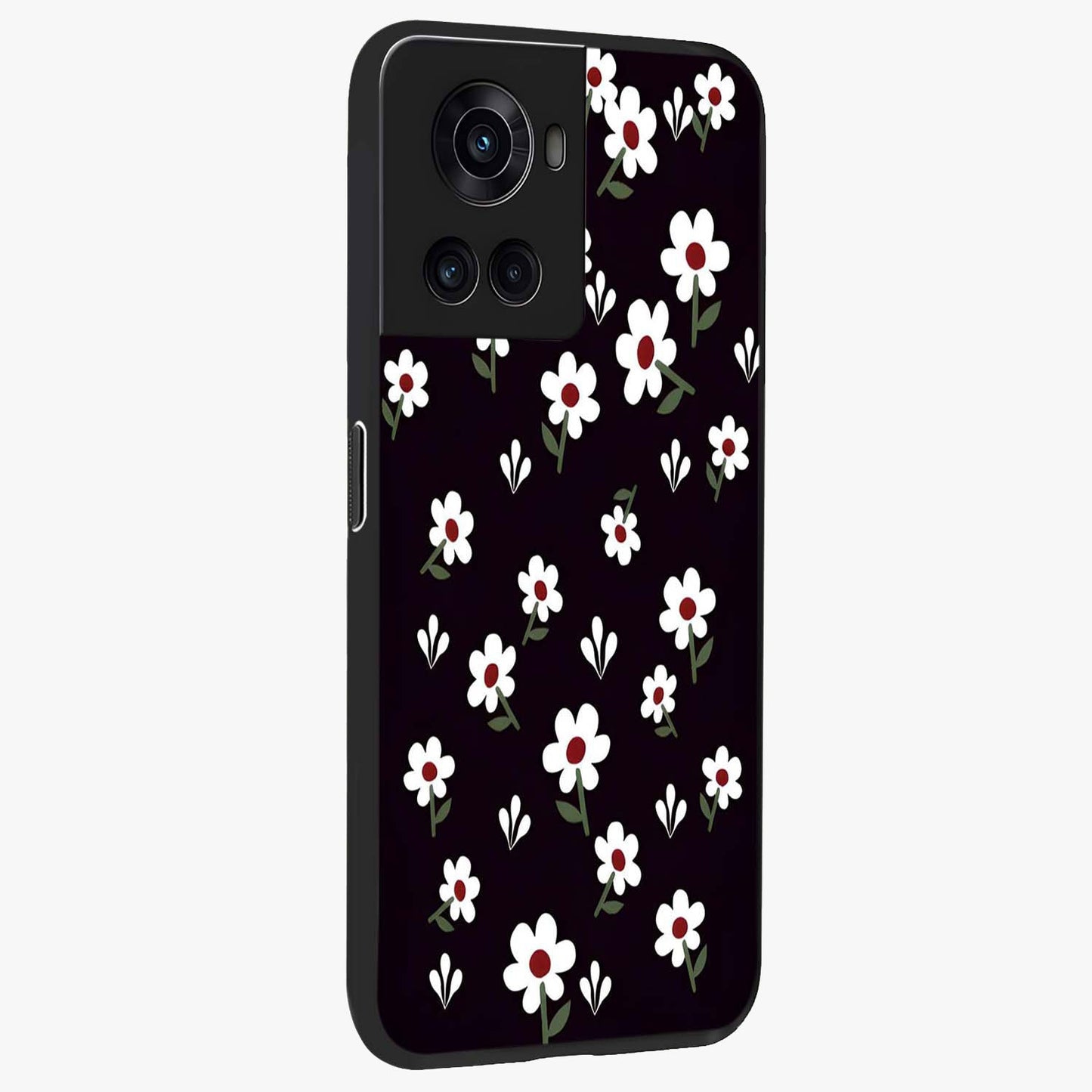 Black Prints Daisy Flower Pattern Glass Case for 1+10R side perspective highlighting delicate daisy details and smooth edges