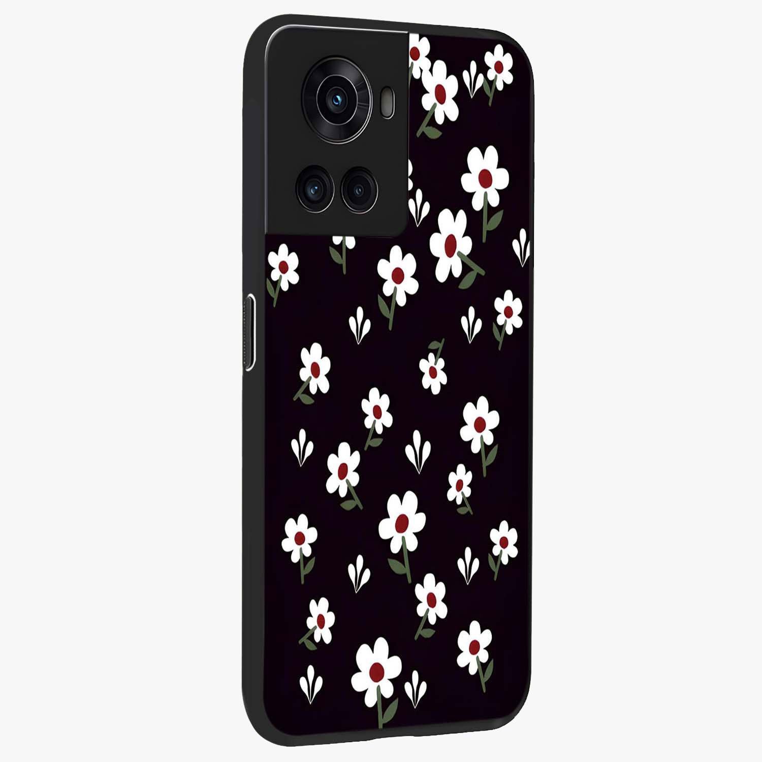 Black Prints Daisy Flower Pattern Glass Case for 1+10R side perspective highlighting delicate daisy details and smooth edges